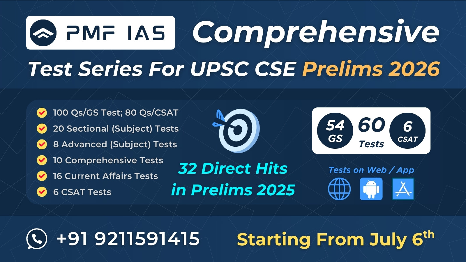 Comprehensive Test Series For UPSC Civil Services Prelims 2026 (54 GS + 6 CSAT = 60 Tests)