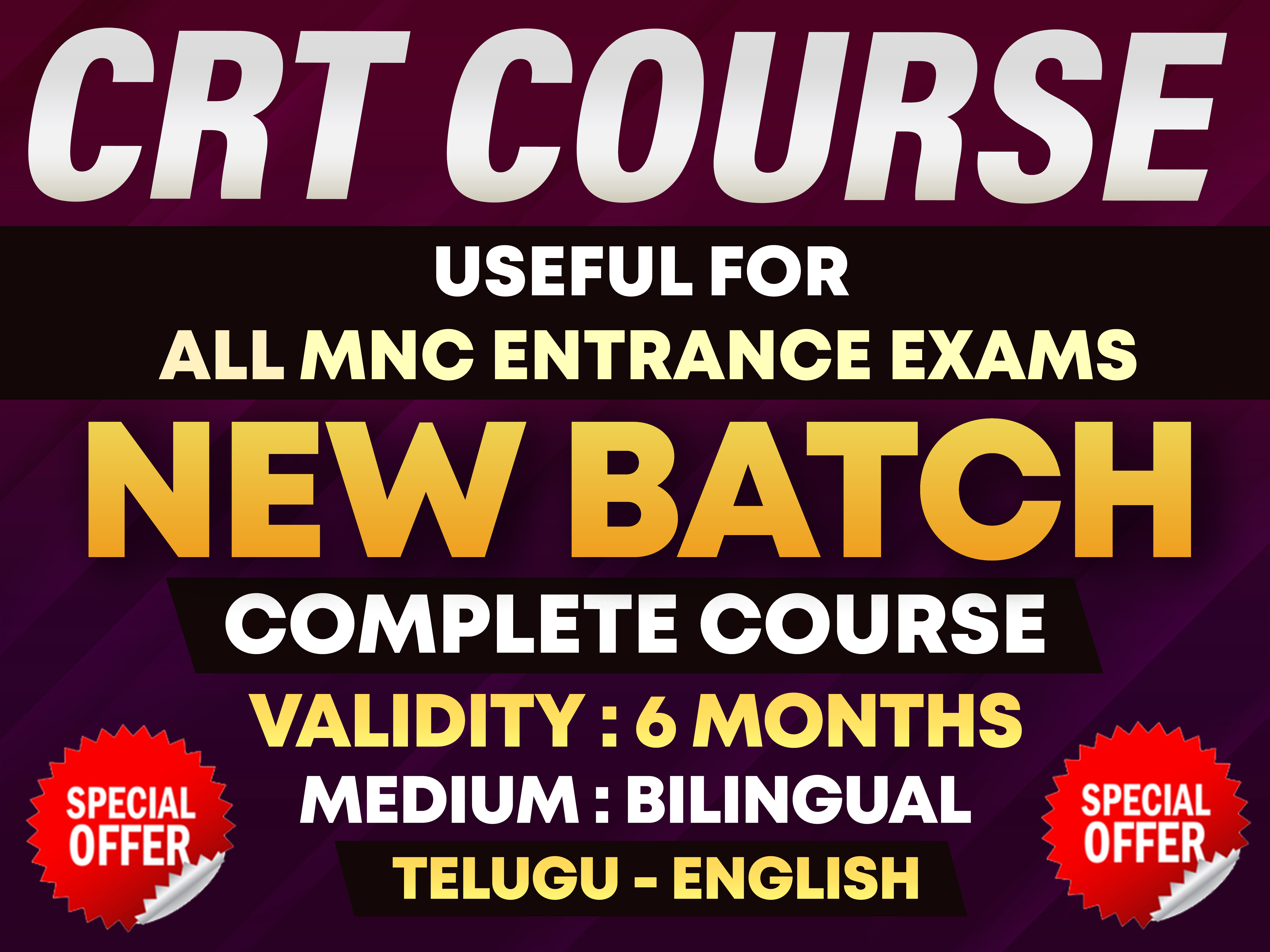 CRT BATCH ARITHMETIC , REASONING & ENGLISH | USEFUL TO CRACK ALL MNC EXAMS | ENGLISH MEDIUM & BILINGUAL ( TELUGU - ENGLISH ) CLASSES  *