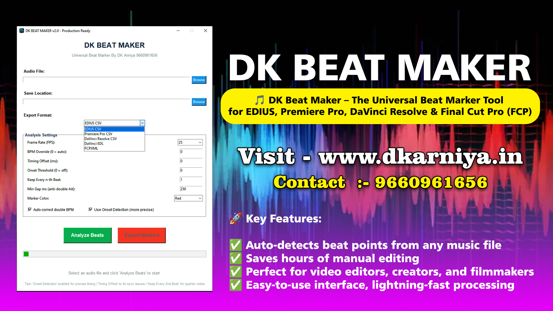 DK Beat Maker – Universal Beat Marker Tool for EDIUS, Premiere Pro, DaVinci Resolve & FCP