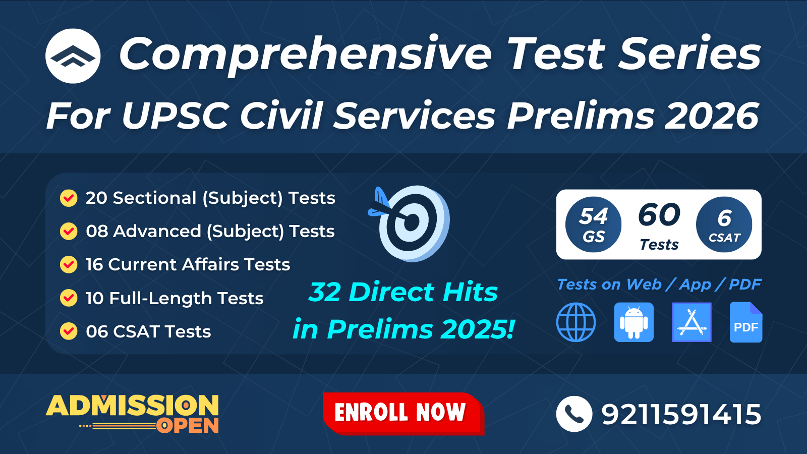 Comprehensive Test Series For UPSC Prelims 2026 (54 GS + 6 CSAT = 60 Tests)