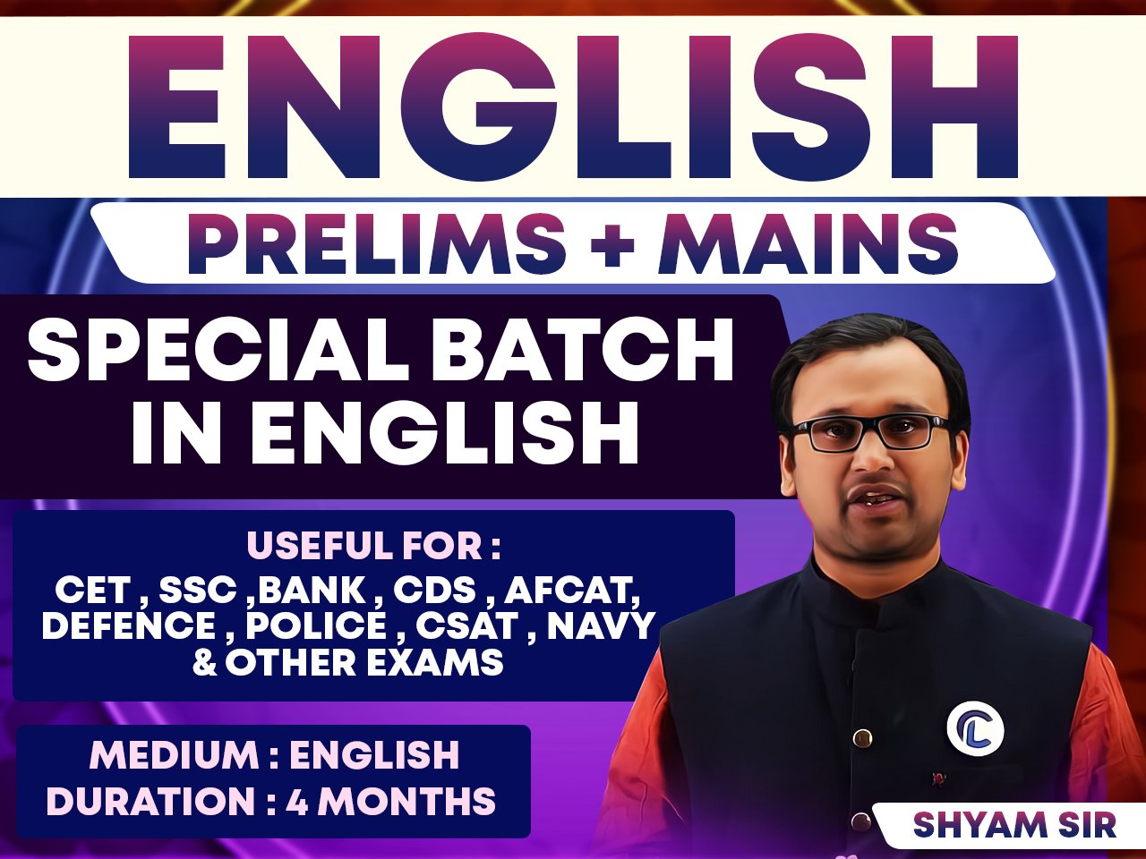 ENGLISH (PRE+MAINS) | ENGLISH MEDIUM | BASIC TO ADVANCED LEVEL BATCH | English Course | By Shyam Sir *