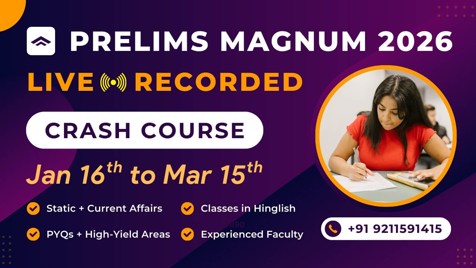 Crash Course for UPSC Prelims 2026 (Live + Recorded + 10 FLTs)