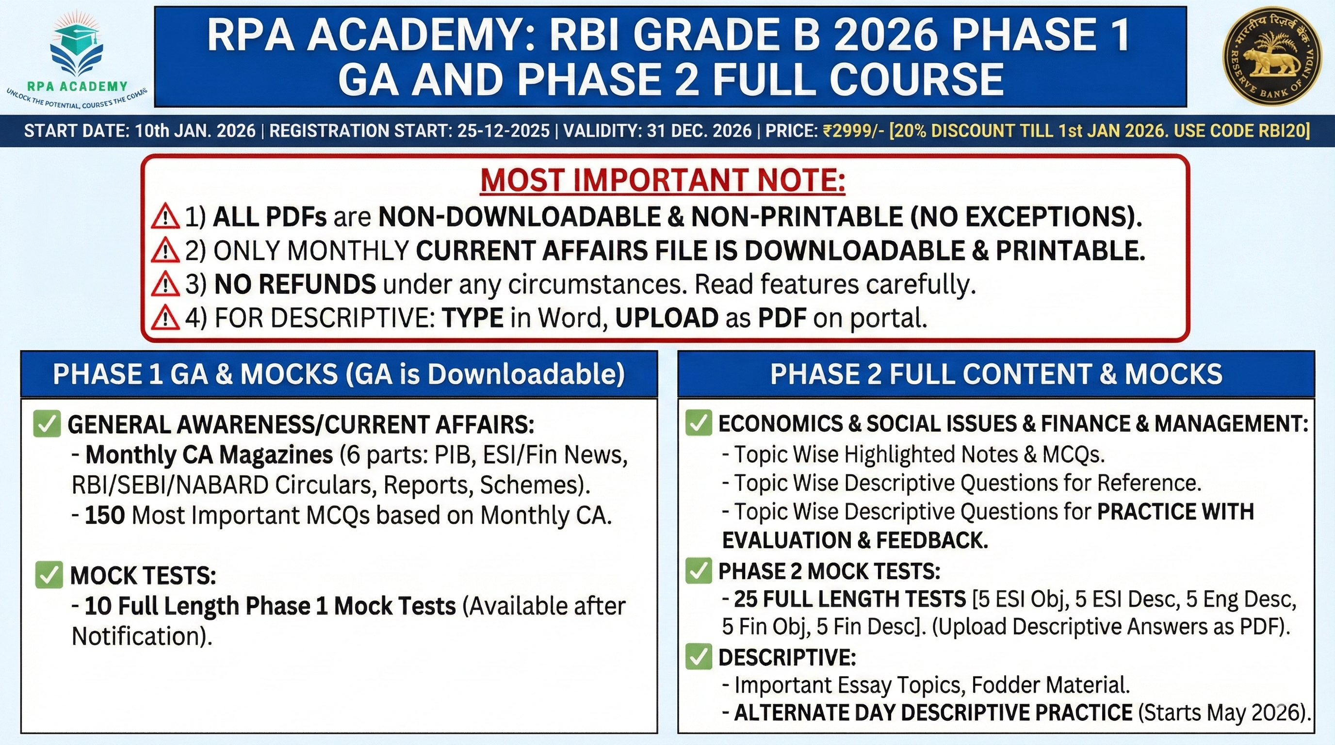 RBI GRADE B 2026 PHASE 1 GA and PHASE 2 FULL COURSE