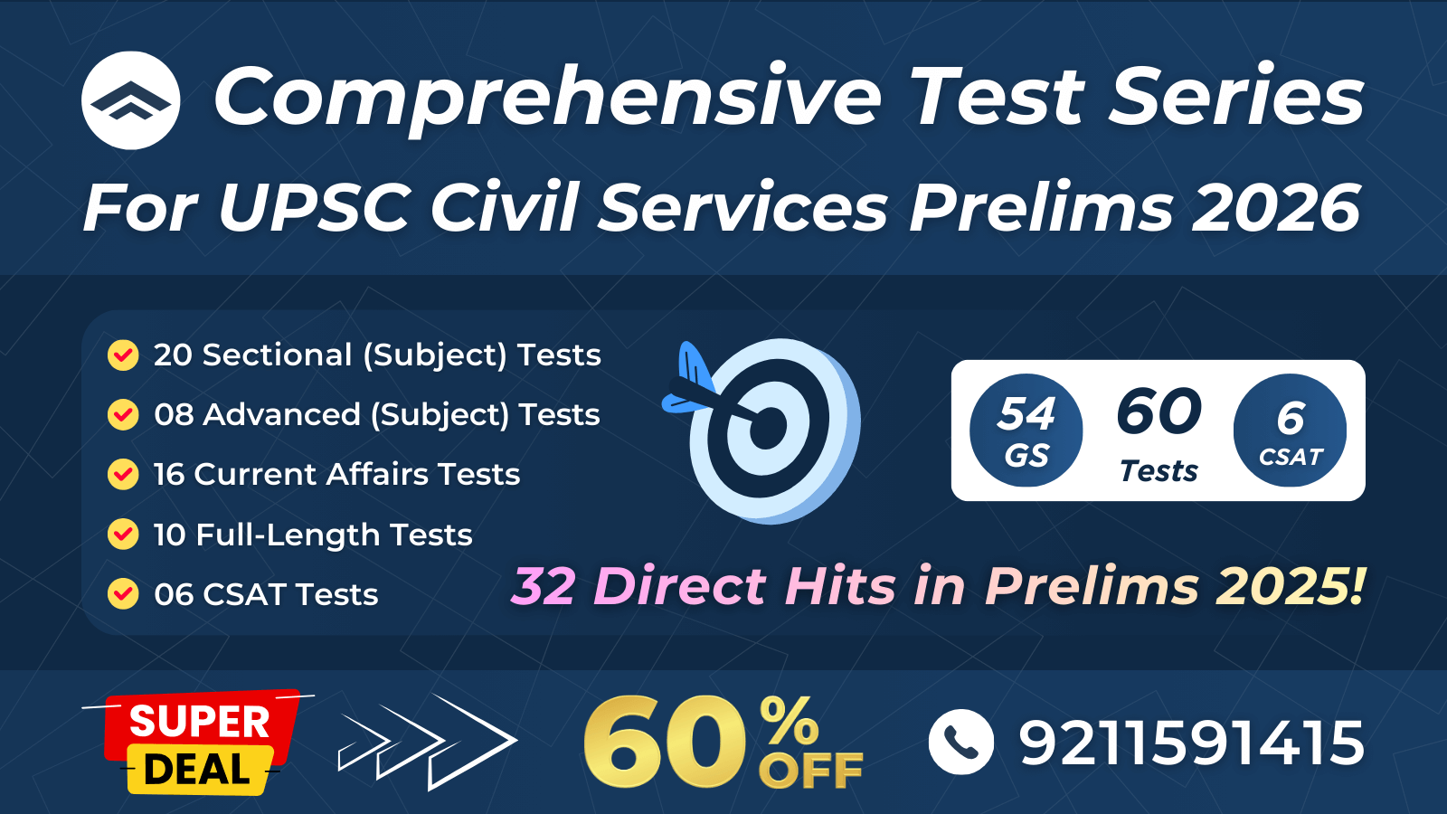 Comprehensive Test Series For UPSC Prelims 2026 (54 GS + 6 CSAT = 60 Tests)