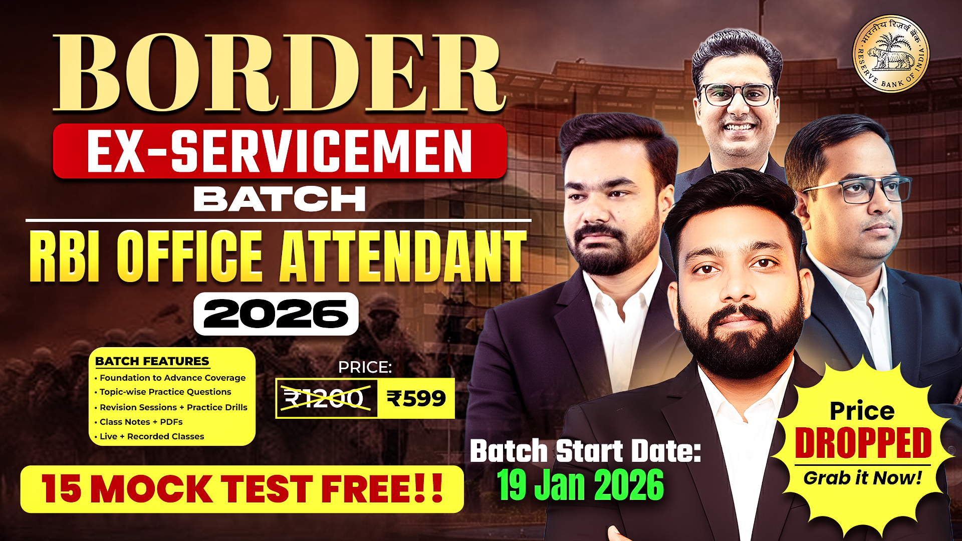 RBI Office Attendant 2026 Batch For Ex-Servicemen Paid Online Course (BORDER)