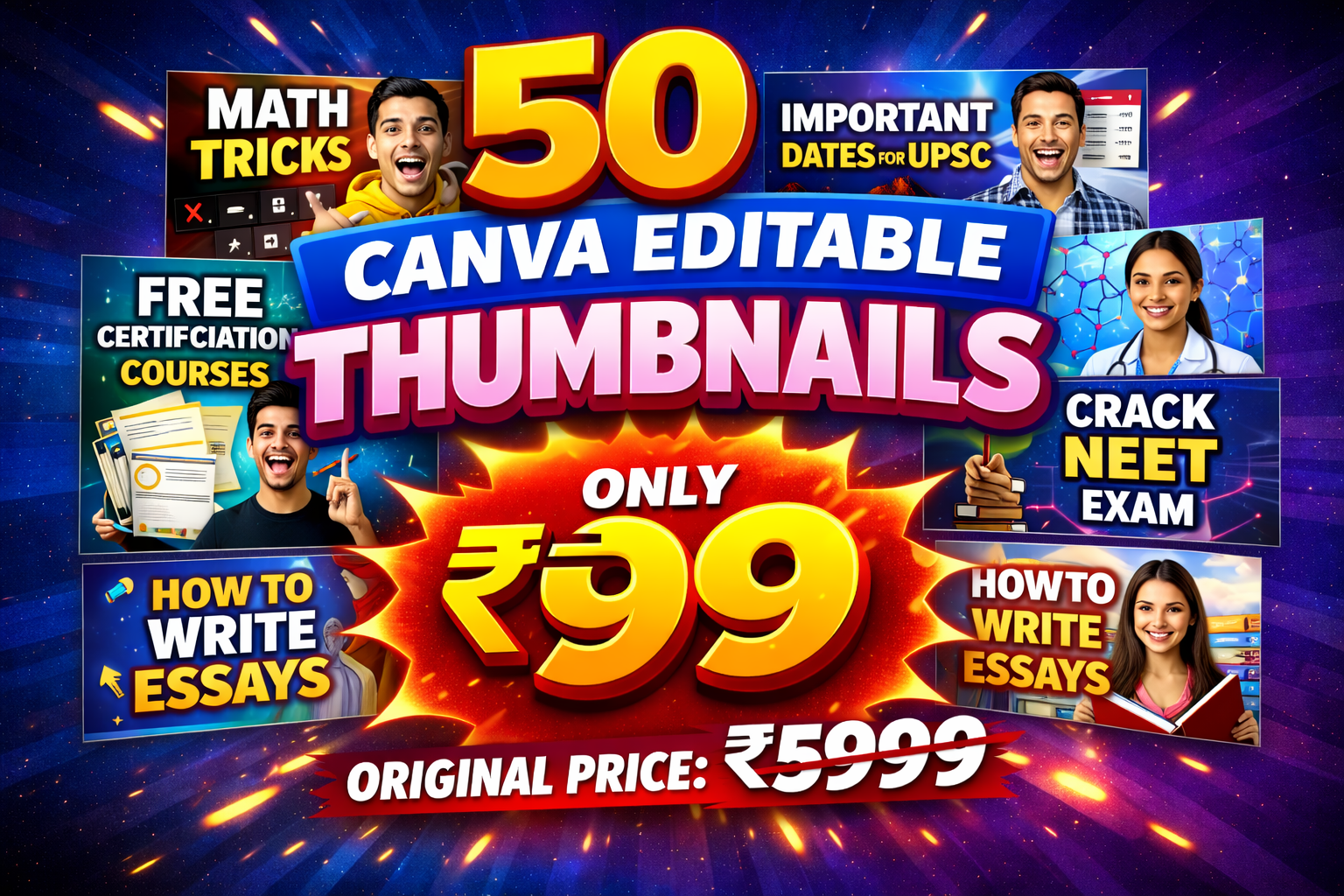 50 Educational Thumbnails ( Editable in Canva )