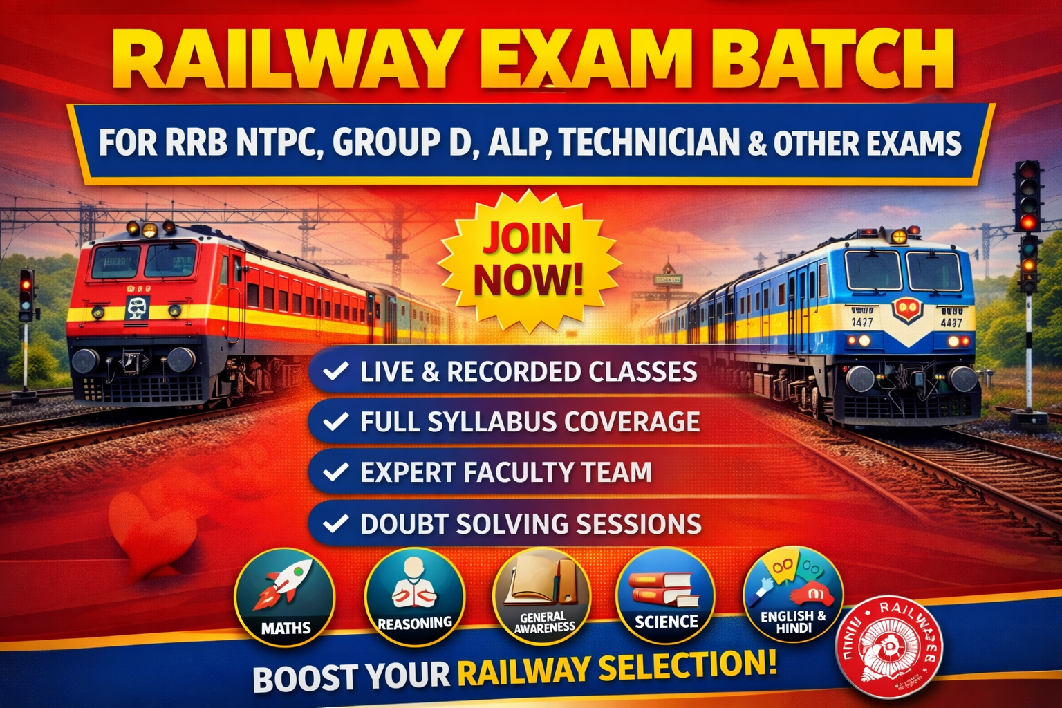 🚆 RAILWAY  रेलवे भर्ती परीक्षाओं  (जैसे RRB NTPC, RRB Group-D, ALP, JE, TechnicianNEW BATCH 2025–26 | अभी जॉइन करें 🚆