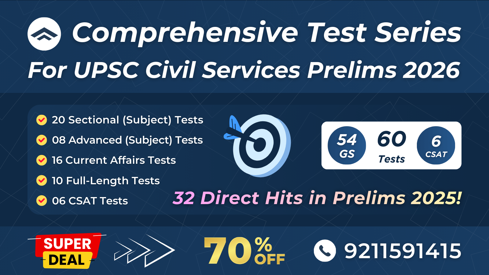 Comprehensive Test Series For UPSC Prelims 2026 (54 GS + 6 CSAT = 60 Tests)
