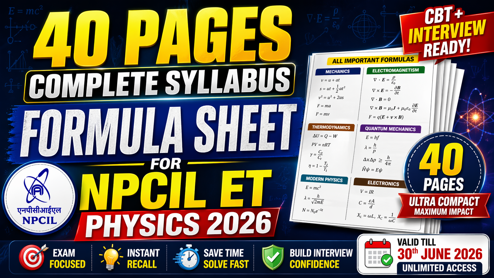 40 Pages Complete Syllabus Formula Sheet for NPCIL ET Physics 2026 