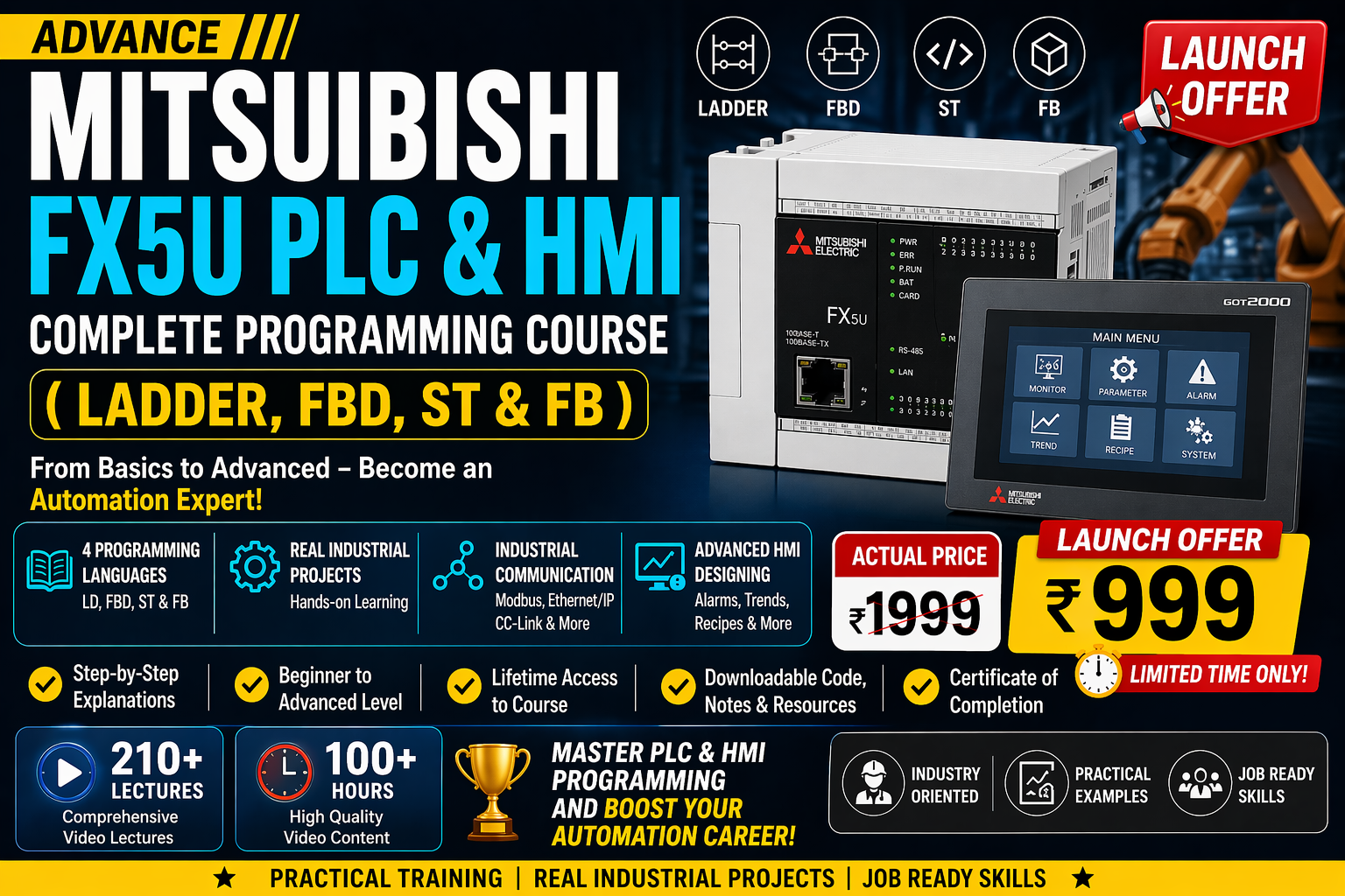 🎓Advance Mitsubishi FX5U PLC & HMI Complete Programming Course (Ladder,FBD,  ST & FB)