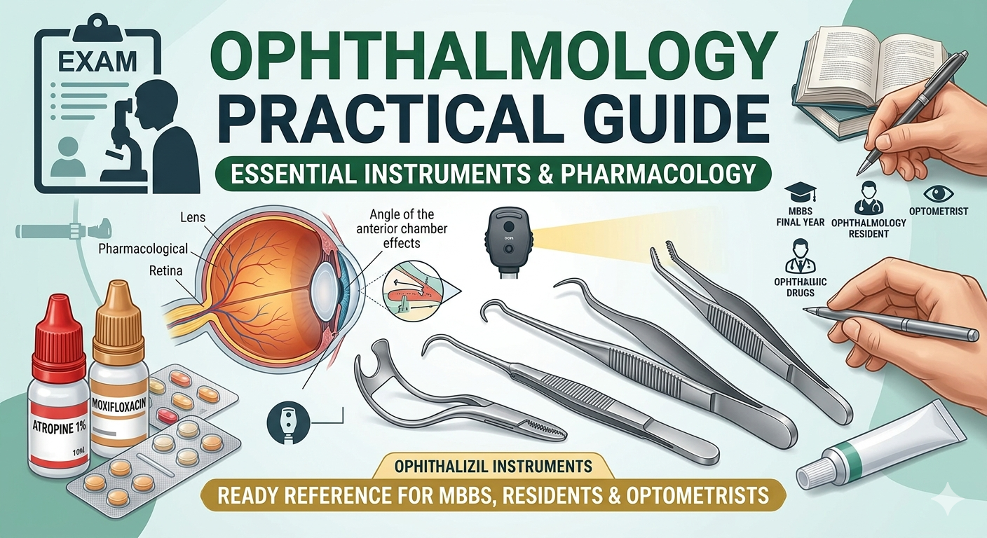 Ophthalmology instruments and drugs for practical exams and viva