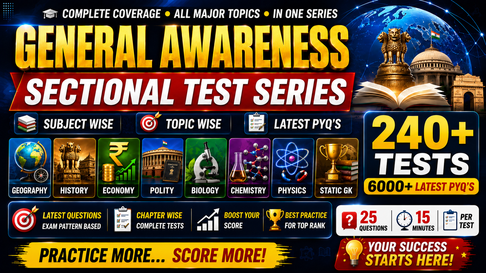 General Awareness Sectional Test Series | 240+ Mock Tests | 6000+ Latest PYQs | Subject Wise | Topic Wise | Exam-Oriented Practice