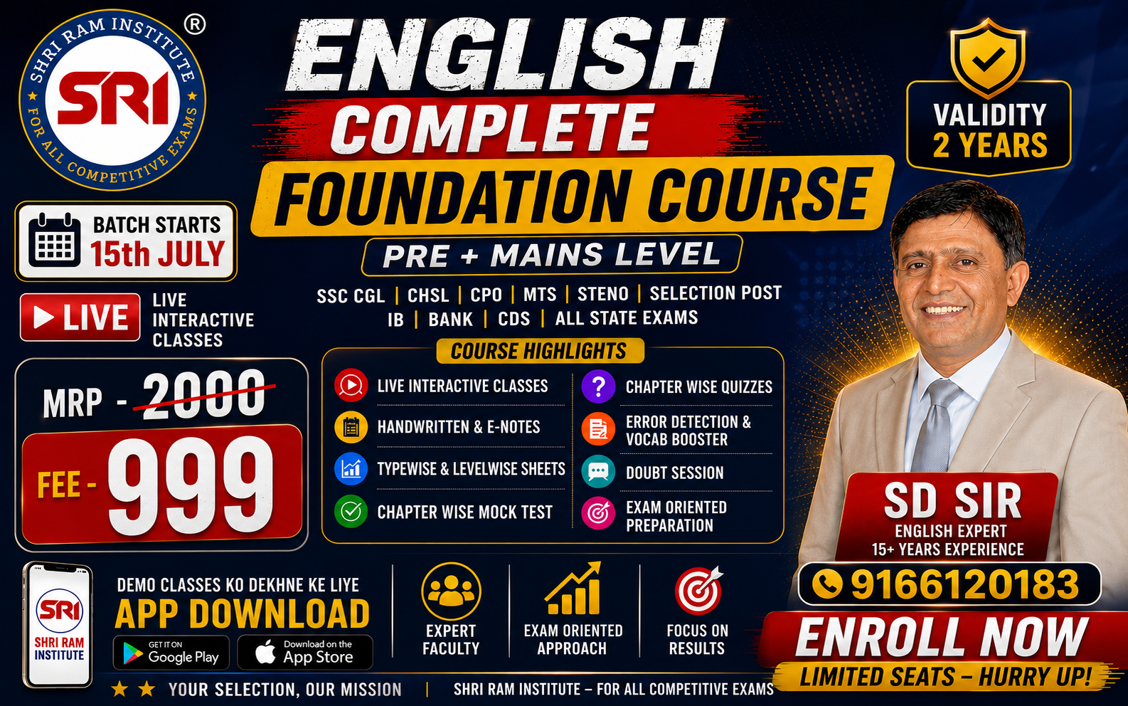 ENGLISH SPECIAL Live Batch (COMPLETE ENGLISH FOUNDATION ) (Pre + Mains ) (Grammar + Vocabulary + Comprehension) for ALL EXAMS BY SD Sir
