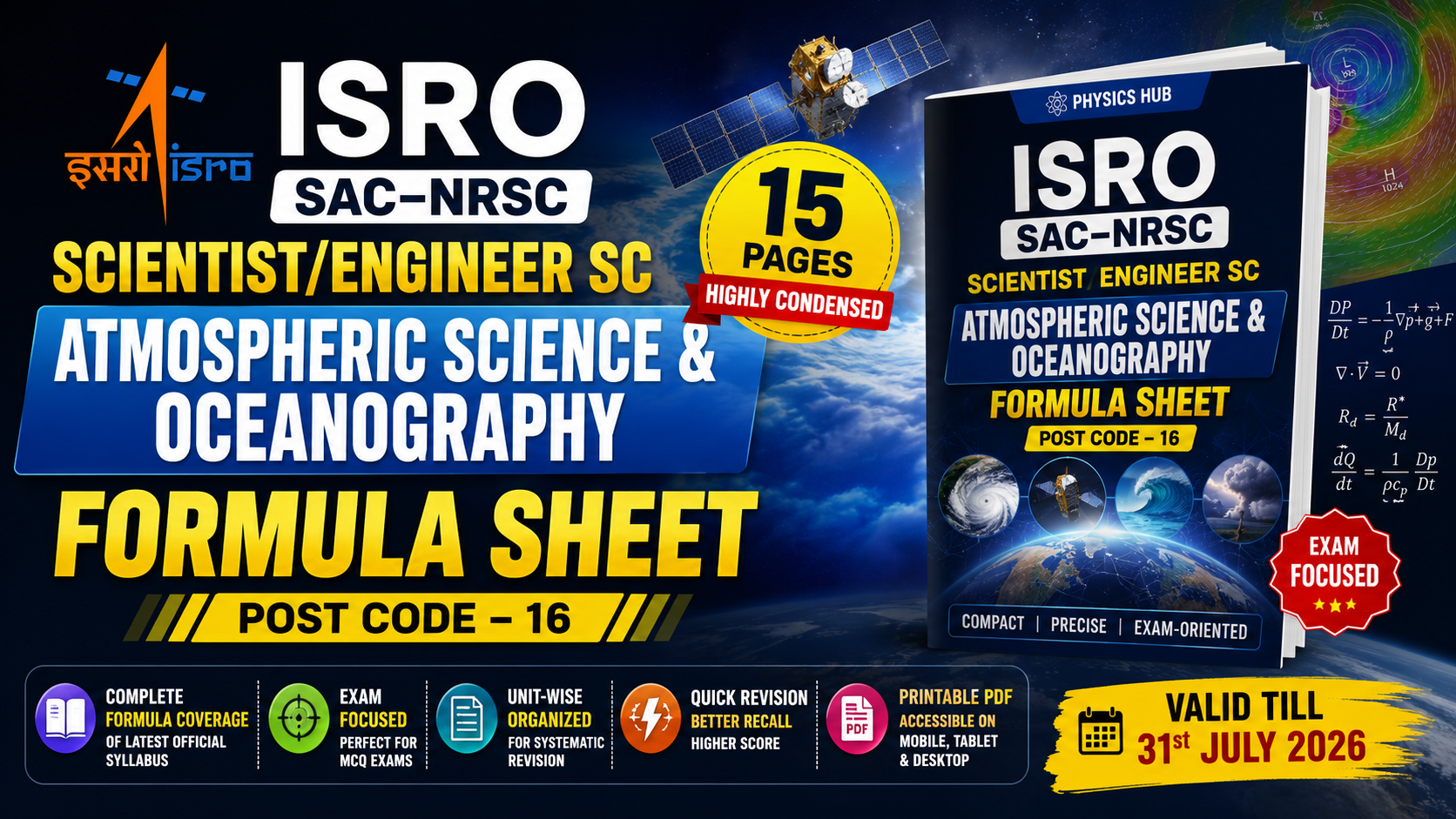 🚀 ISRO SAC–NRSC Scientist/Engineer SC (Atmospheric Science & Oceanography) Formula Sheet (Post Code – 16)