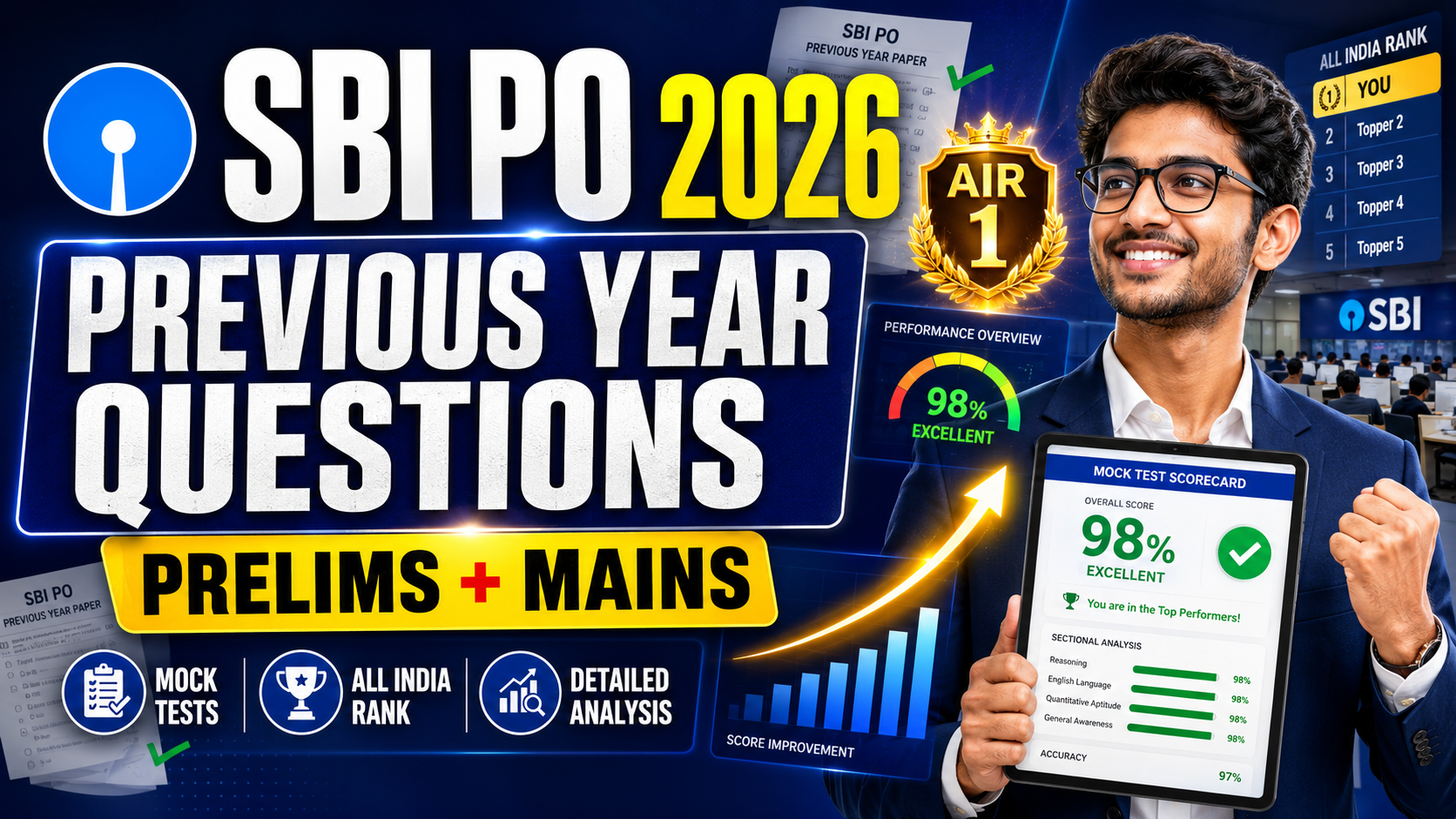 SBI PO 2026 Previous Year Questions | Prelims + Mains Mock Tests with All India Rank & Detailed Analysis