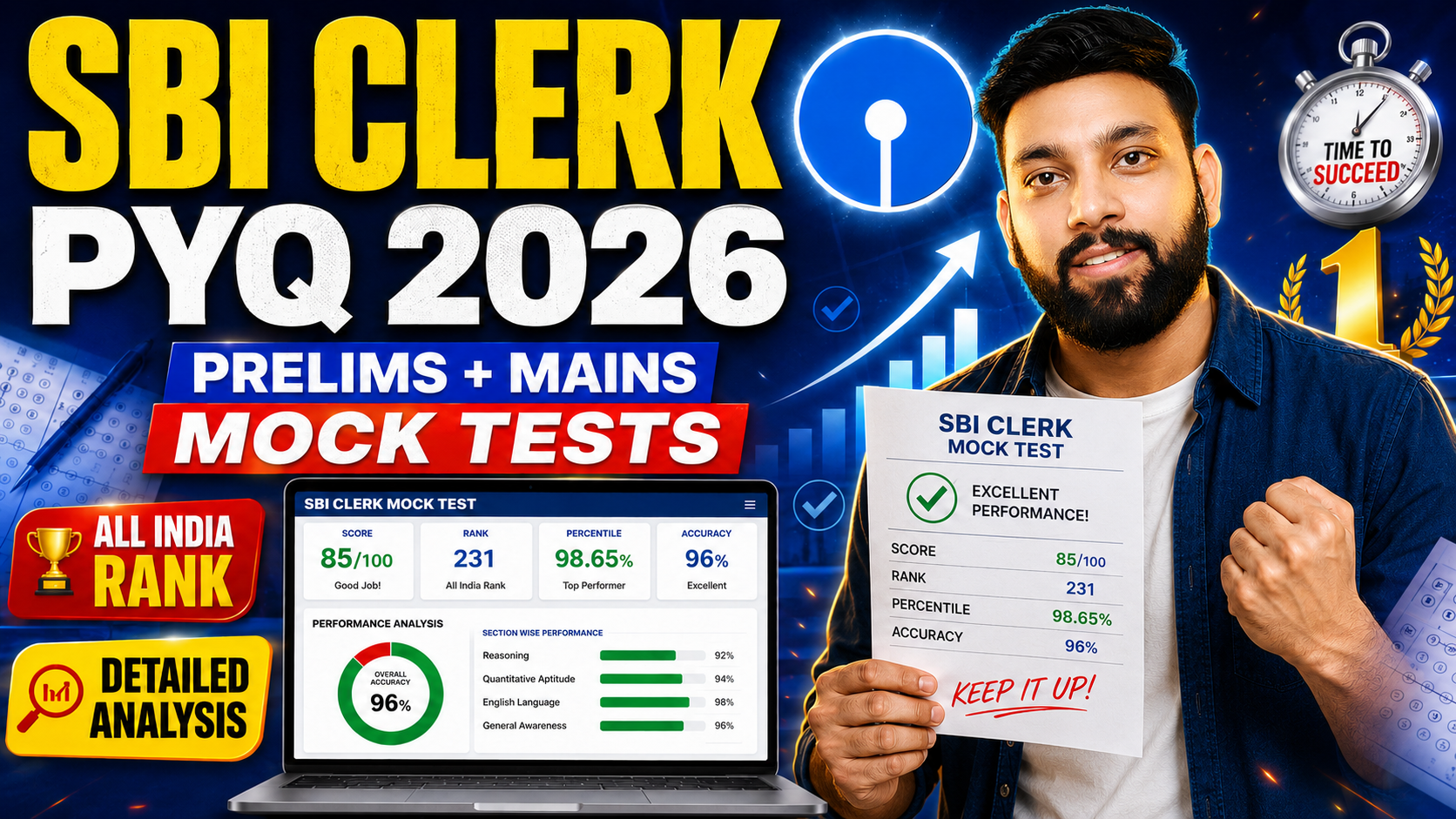 SBI Clerk PYQ 2026 | Prelims + Mains Mock Tests with All India Rank & Detailed Analysis