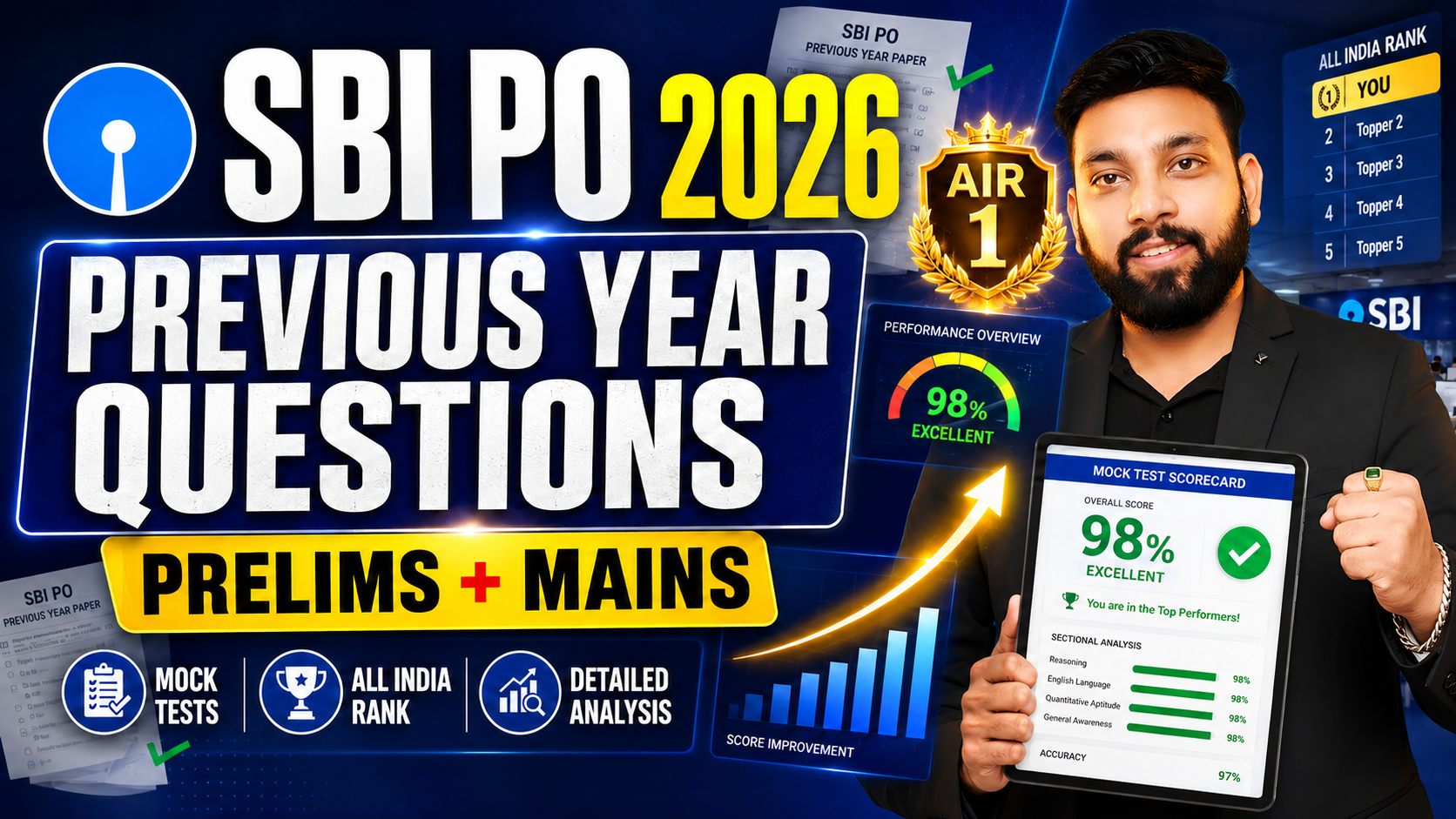 SBI PO 2026 Previous Year Questions | Prelims + Mains Mock Tests with All India Rank & Detailed Analysis