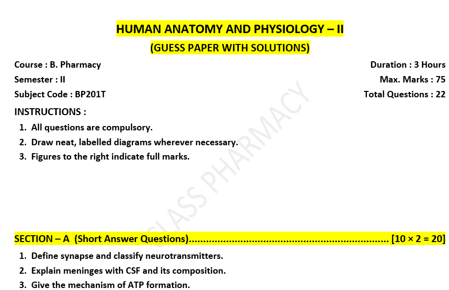 HUMAN ANATOMY AND PHYSIOLOGY – II SEM 2ND(GUESS PAPER WITH SOLUTIONS)
