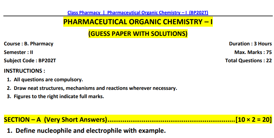  PHARMACEUTICAL ORGANIC CHEMISTRY–I | BP202T GEUSS PAPER WITH SOLUTION