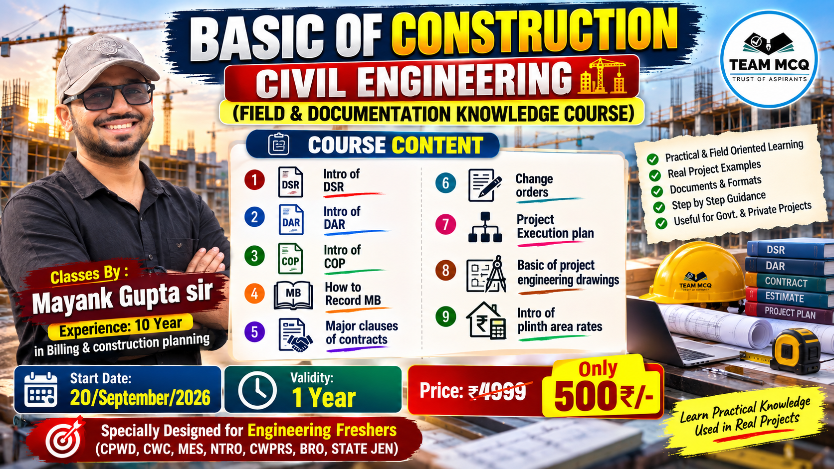 BASIC OF CONSTRUCTION  CIVIL ENGINEERING 🏗️ (FIELD & DOCUMENTATION KNOWLEDGE COURSE)  
