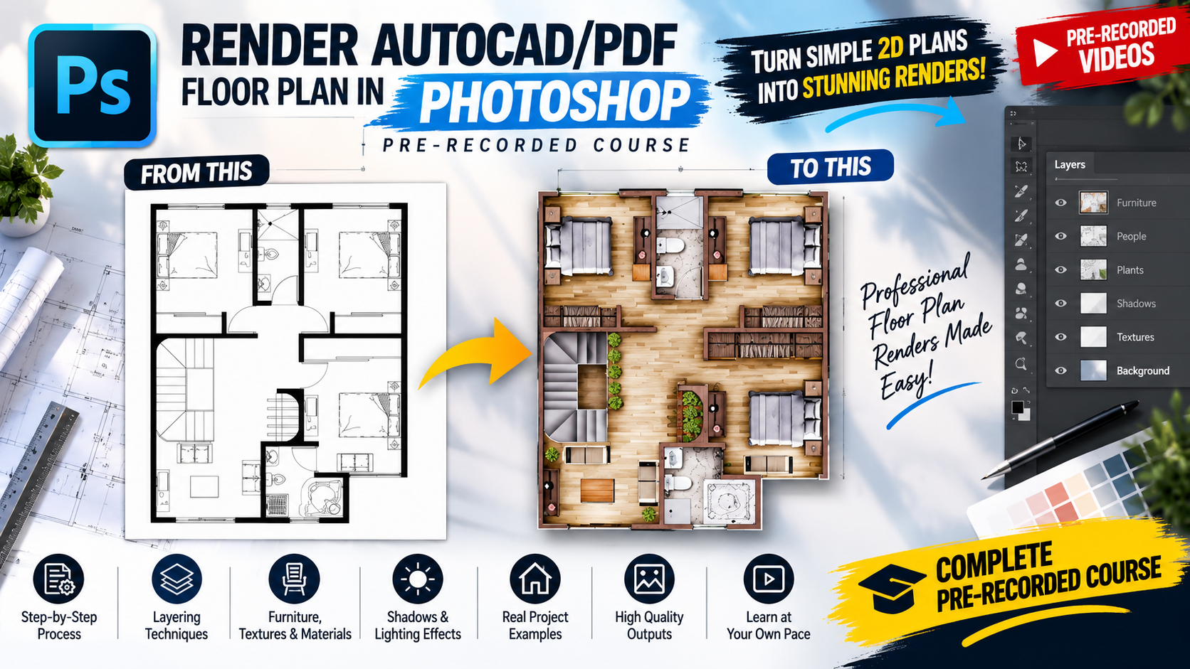 PHOTOSHOP Pre-Recorded Course (Render AutoCAD/Pdf Floor Plan) (Recorded 🔷)