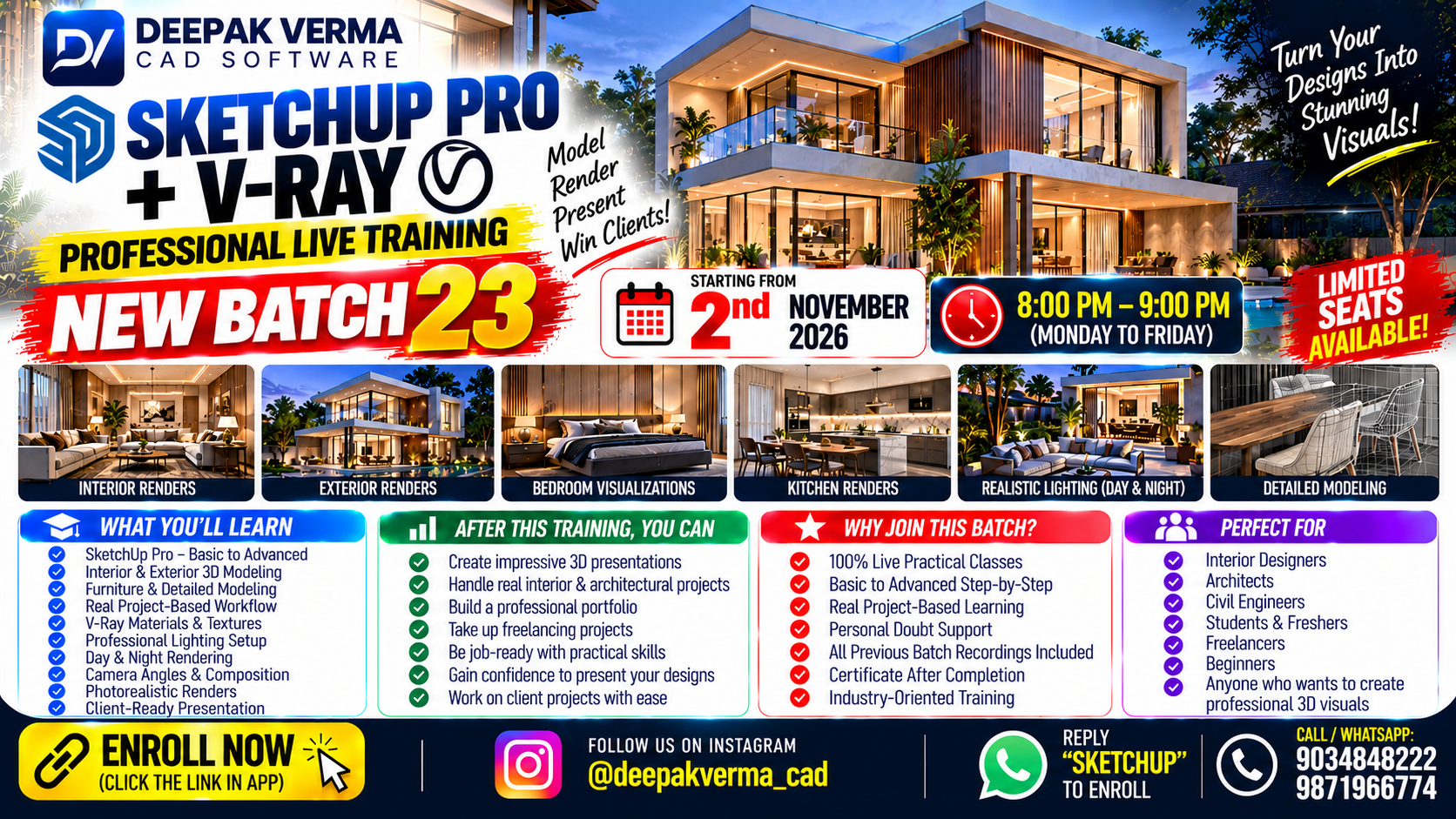 Sketchup Pro with V-Ray LIVE Training for Professionals 🟢 