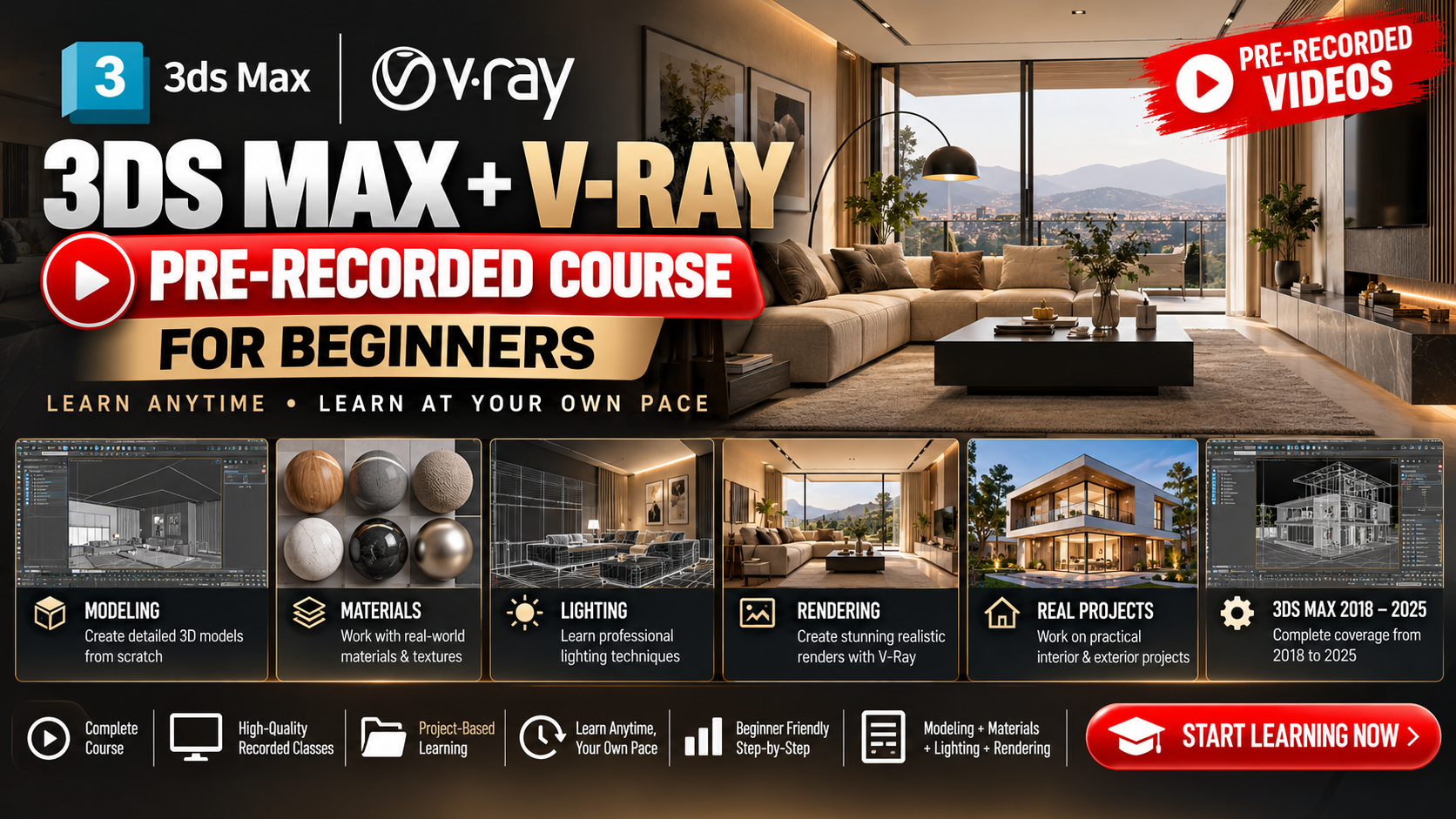 3ds Max with V-Ray Pre-Recorded Course for Beginners (Recorded 🔷) 