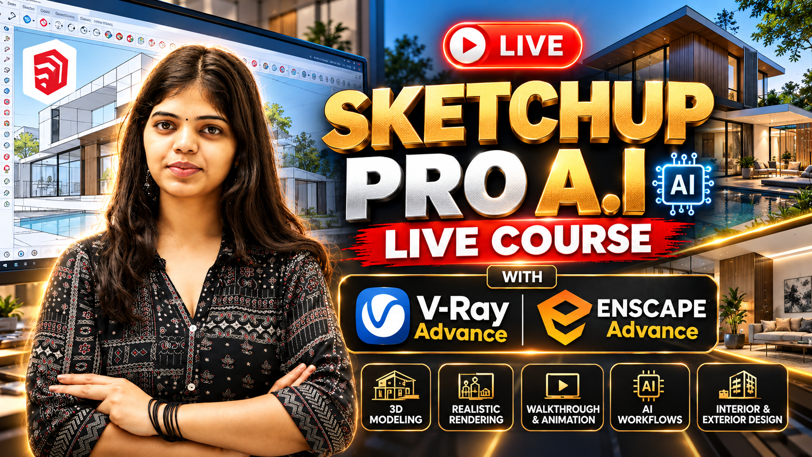 SketchUp Pro A.I LIVE Course with V-Ray Advance & Enscape