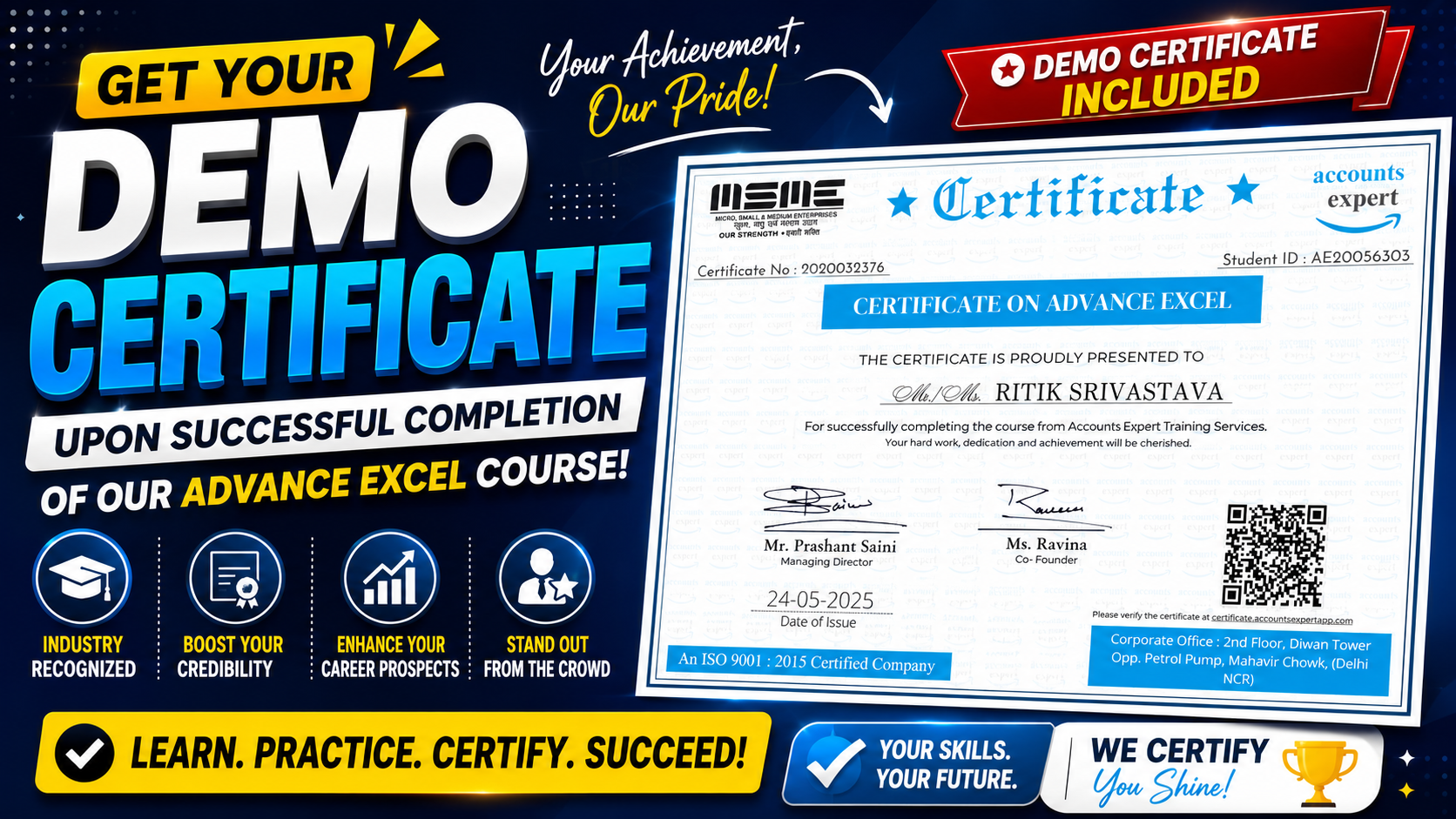📜Sample Certificate- Advance Excel LIVE Course