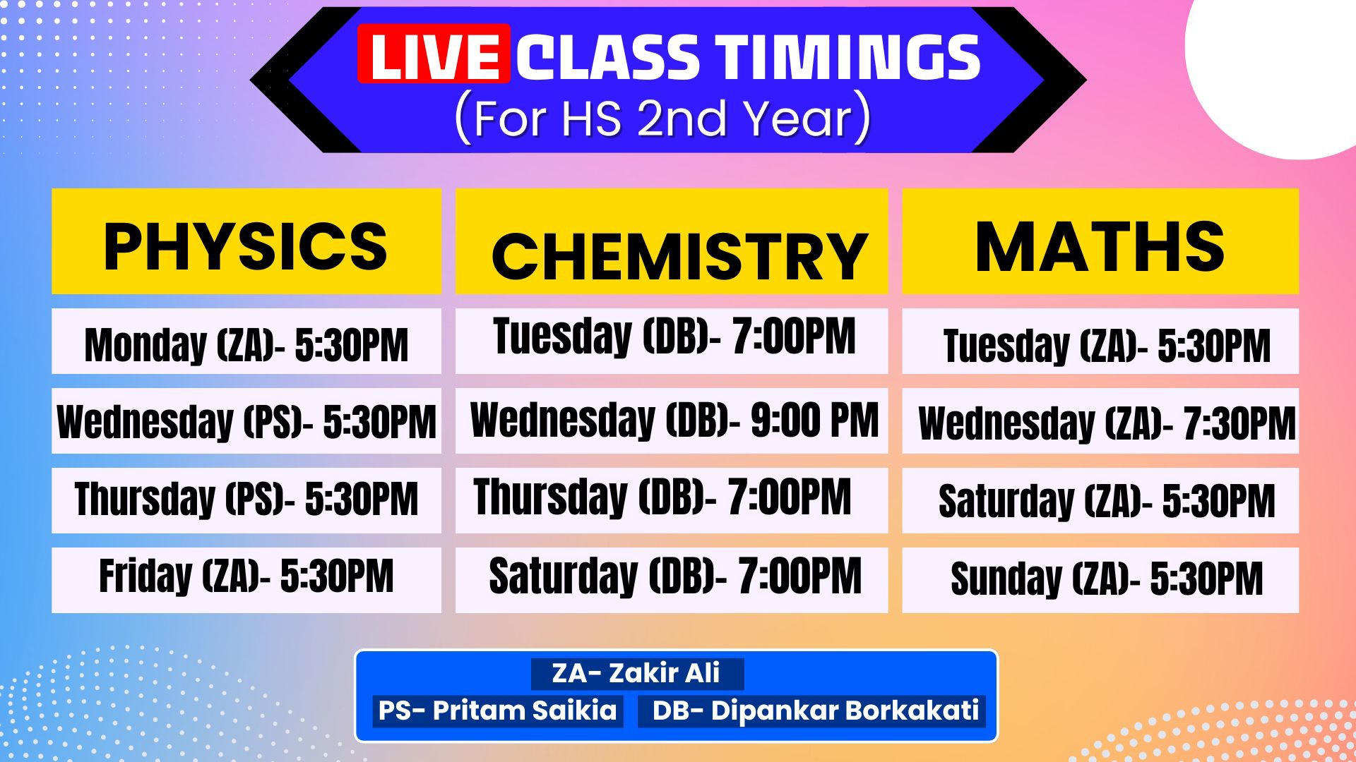 Live Class Timings - Class 12