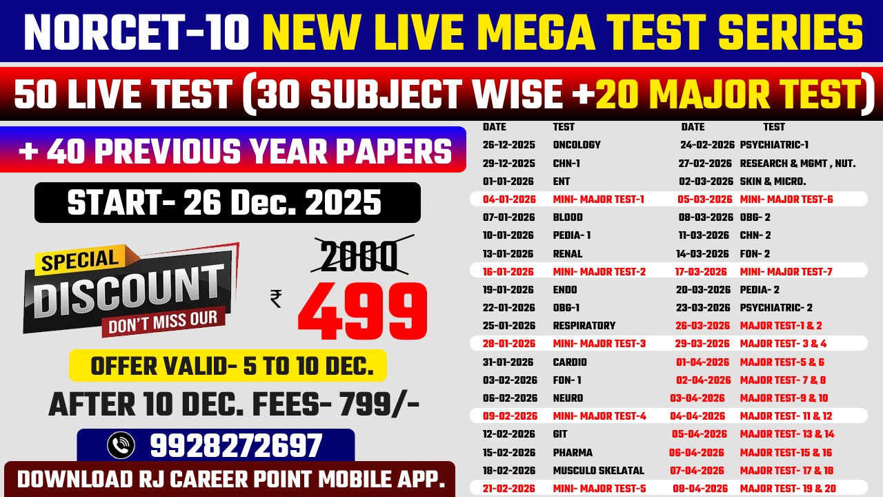 NORCET- 10 NEW LIVE MEGA TEST SERIES ( 30 Subject Wise+ 20 MajorTest)