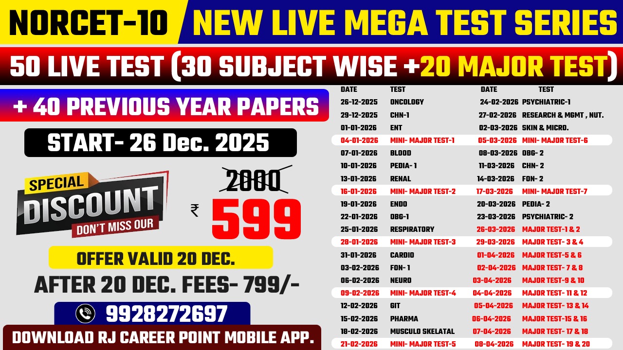 NORCET- 10 NEW LIVE MEGA TEST SERIES ( 30 Subject Wise+ 20 MajorTest)