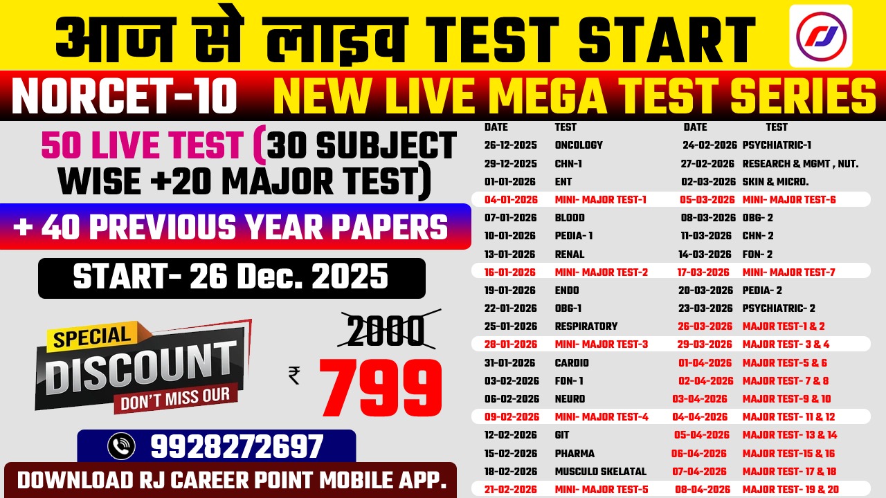 NORCET- 10 NEW LIVE MEGA TEST SERIES ( 30 Subject Wise+ 20 MajorTest)