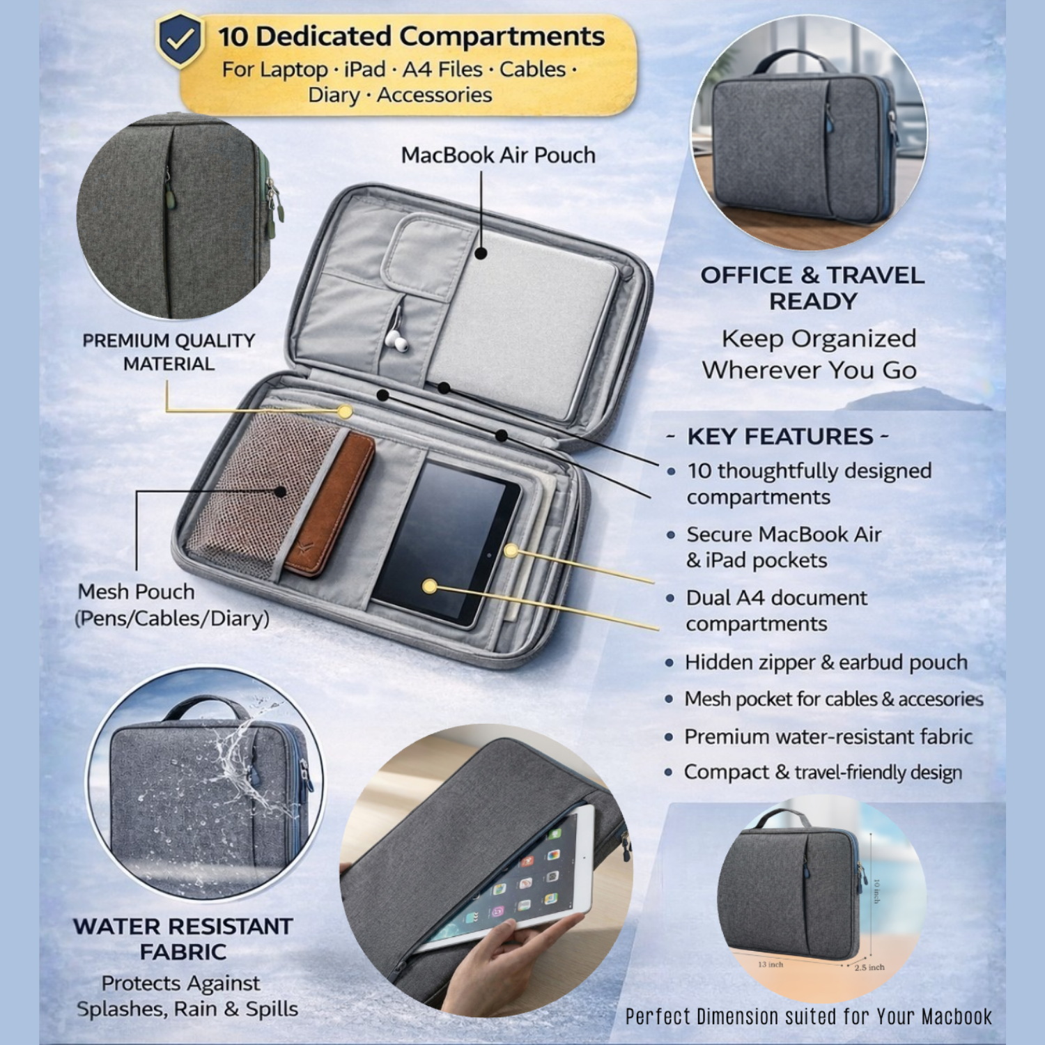 Document Organizer Bag | Water Resistant | Portfolio Case | Professional | File Folders | Large Capacity | Fits MacBook, iPad & A4 Files | Made in India