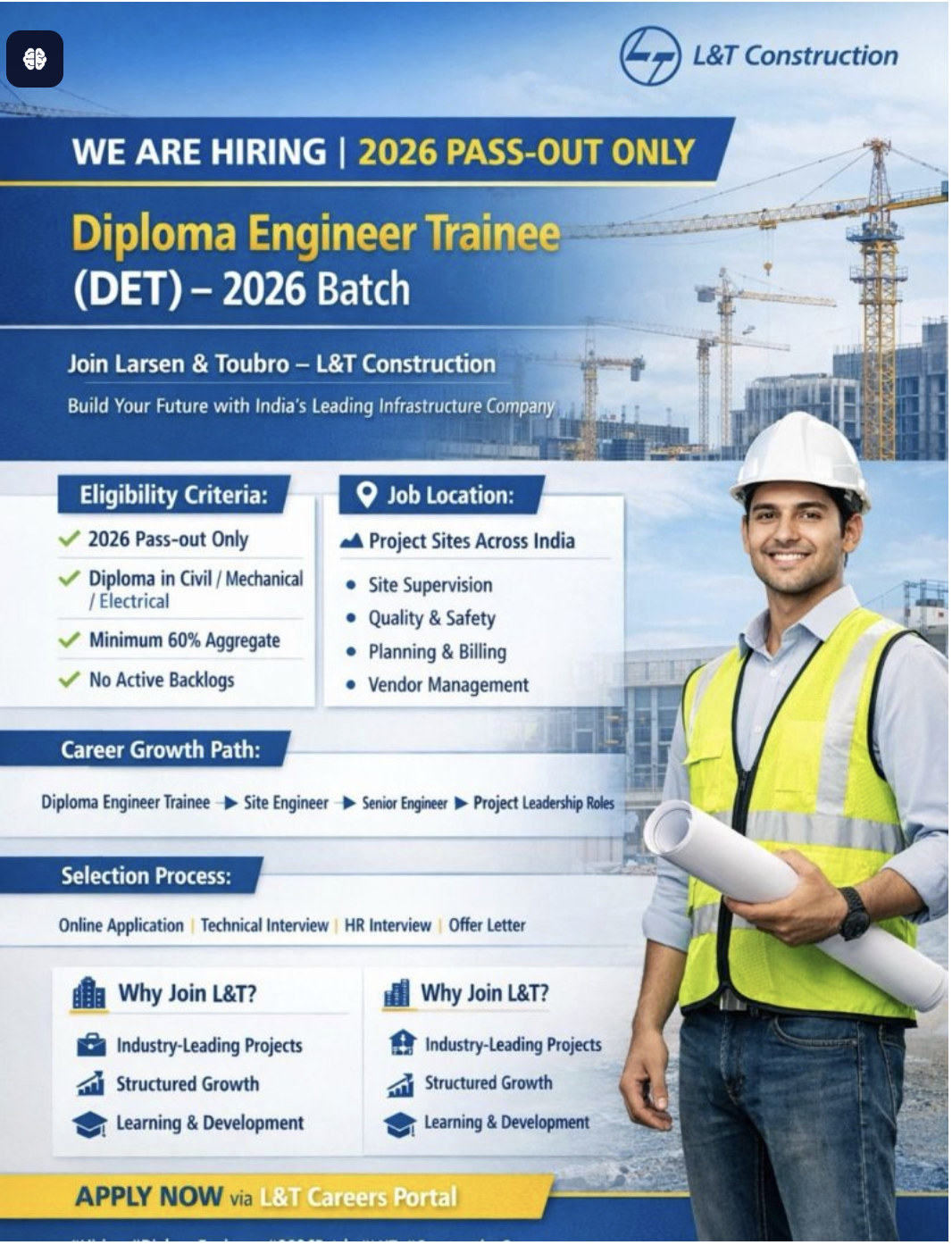 Diploma Engineer Trainee (DET) – 2026 Batch at L&T Construction.