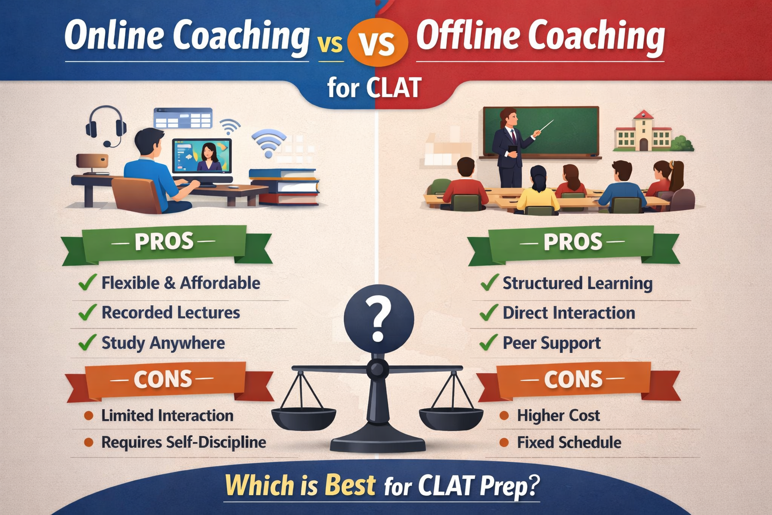 Online Coaching vs Offline Coaching for CLAT: Pros and Cons