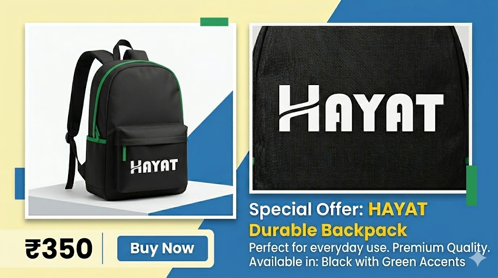 HAYAT Durable Backpack – Stylish Black Bag with Green Accents | Lightweight