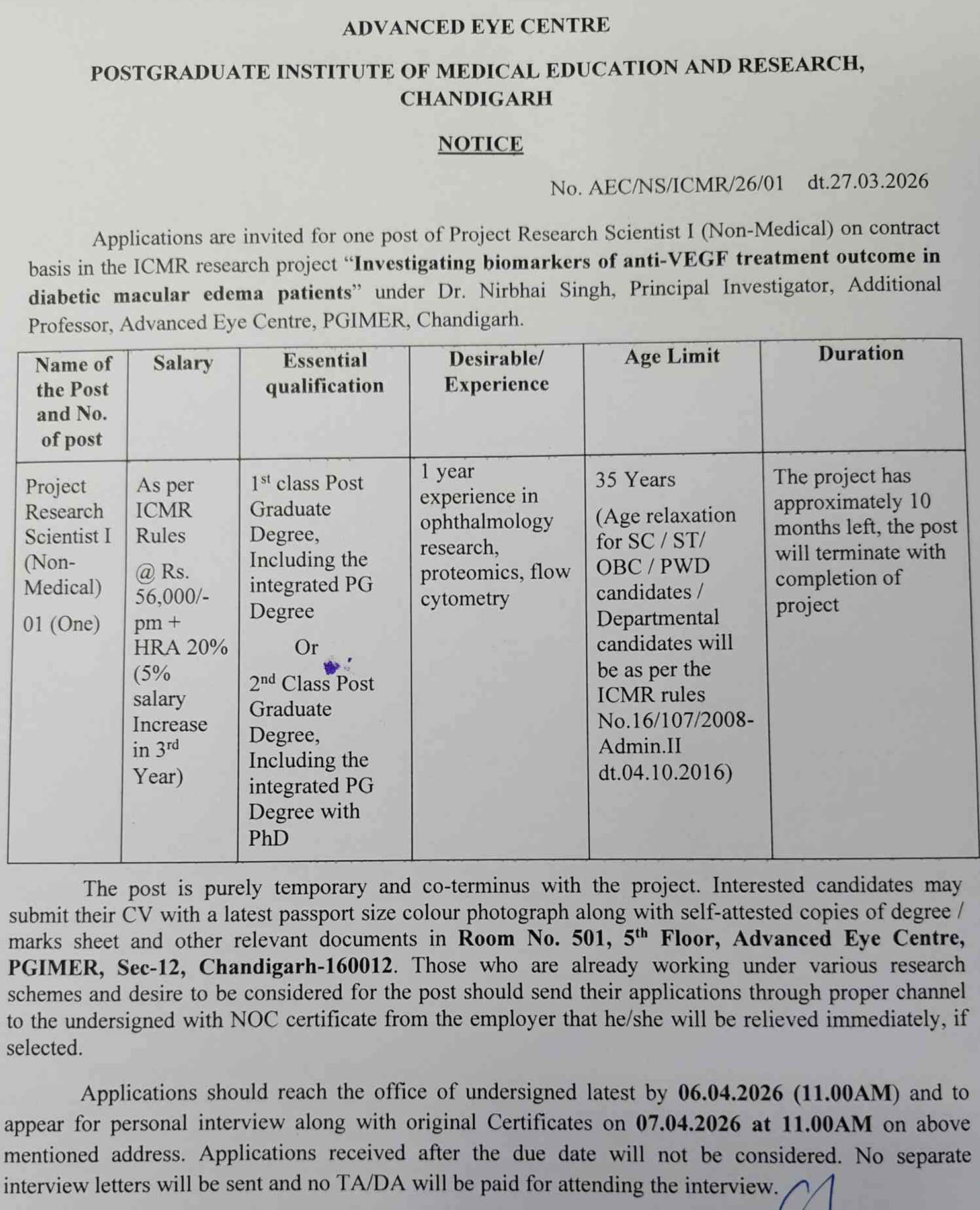  PGIMER Proteomics Project Scientist Walk IN