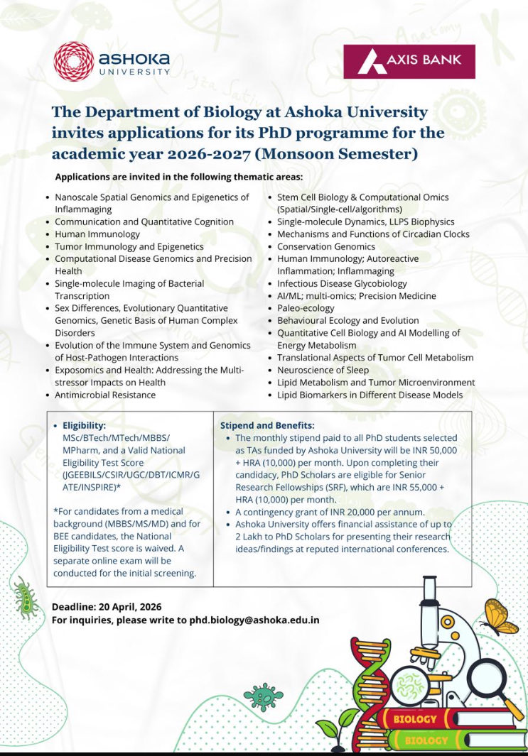 Ashoka University PhD Admissions 2026 in Biology