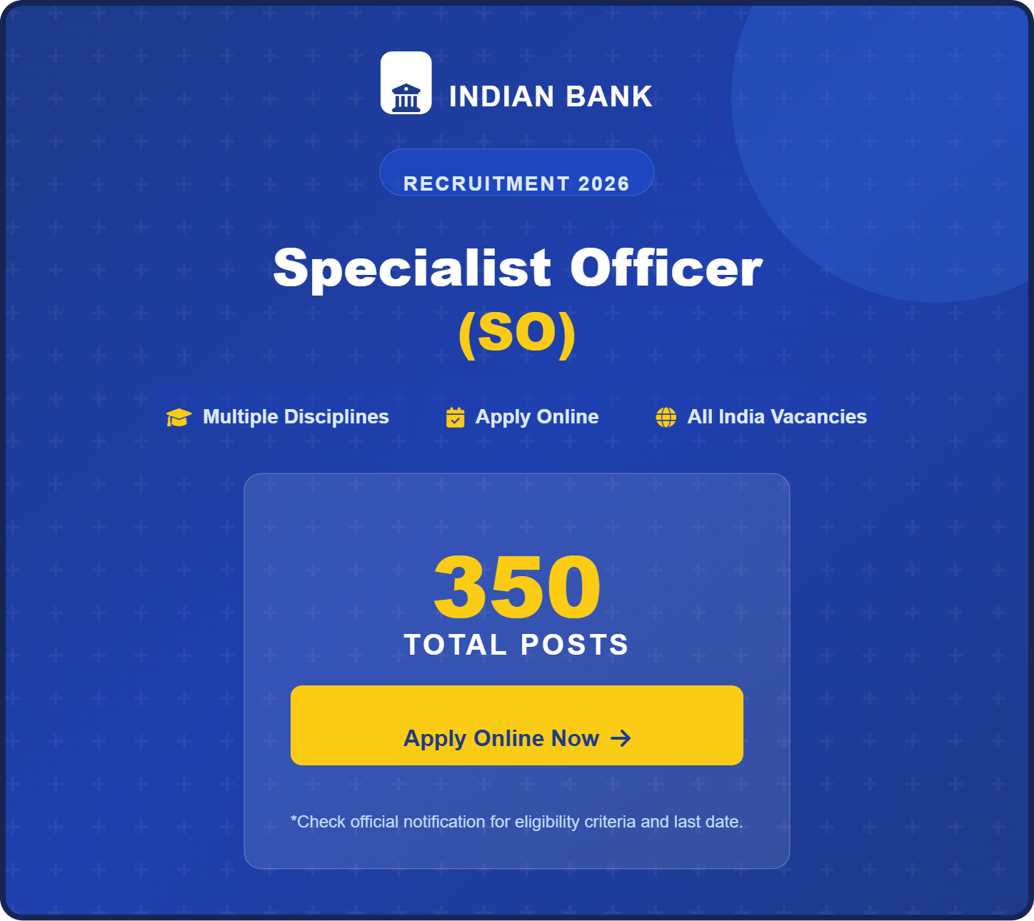 Indian Bank Specialist Officer SO Recruitment 2026 Apply Online for 350 Post