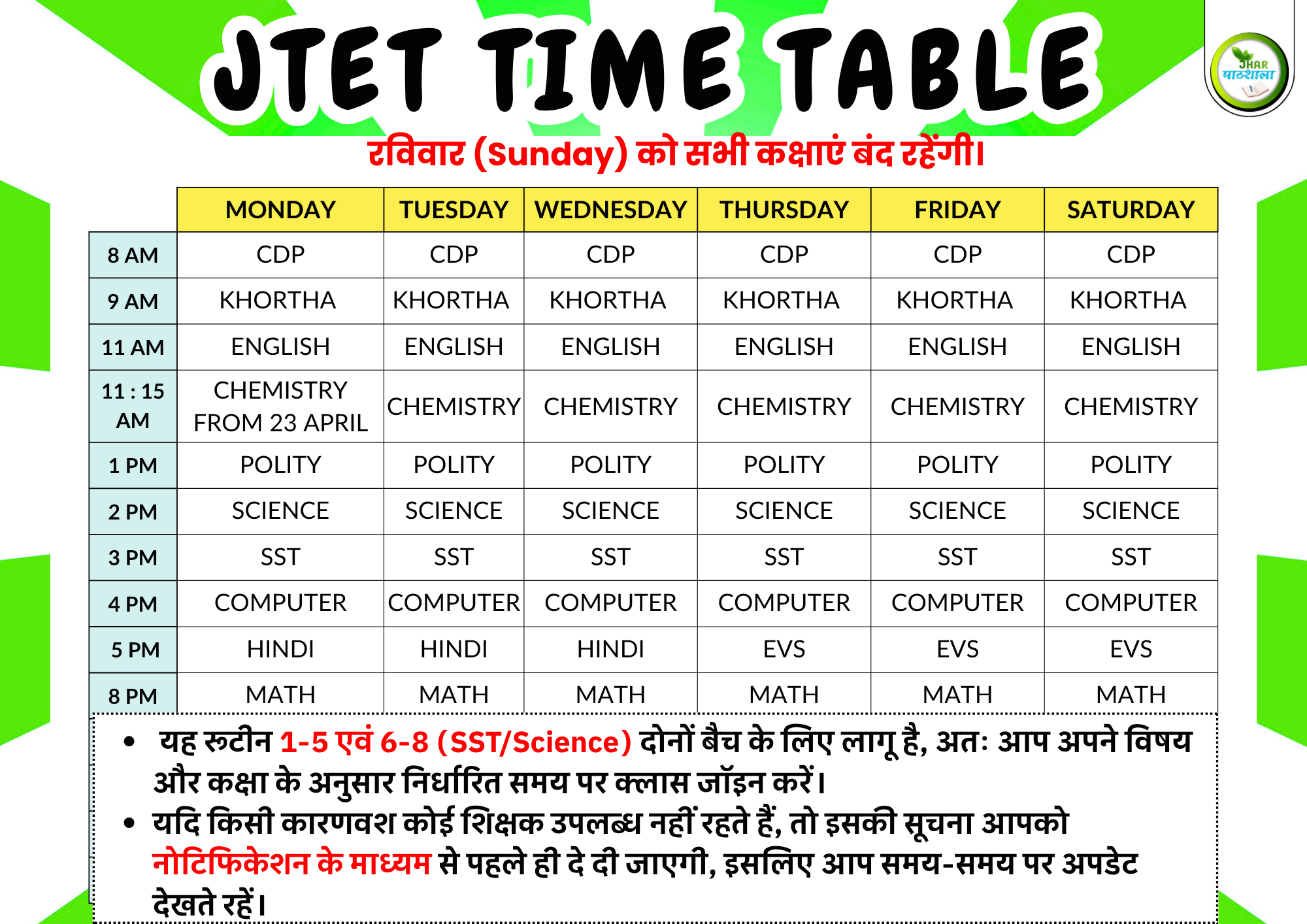 JTET 1TO5 & 6TO8 TIME TABLE 