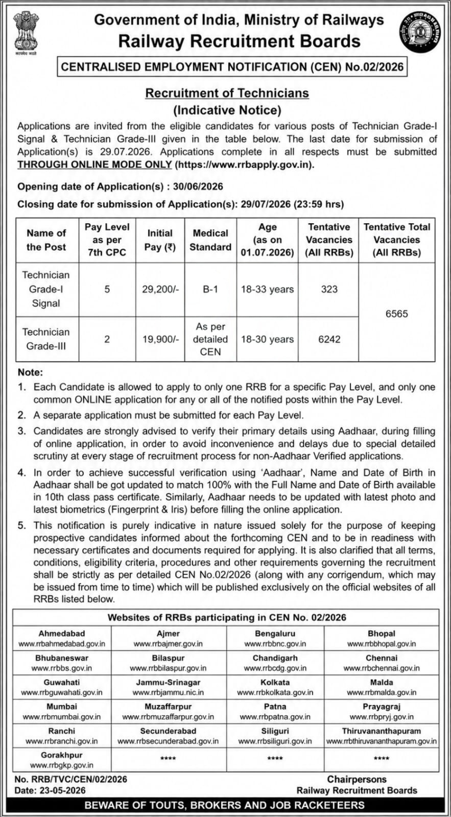 Railway RRB Technician Recruitment 2026