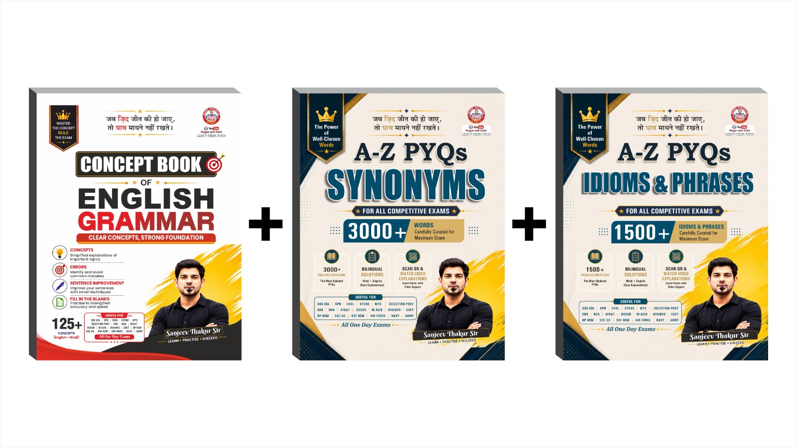 Combo of 3 Books Concept Book of English Grammer And A to Z PYQ Synonyms & A to Z PYQ Idiom phrase Books By Ankit Bhati Sir & Sanjeev Thakur sir RWA