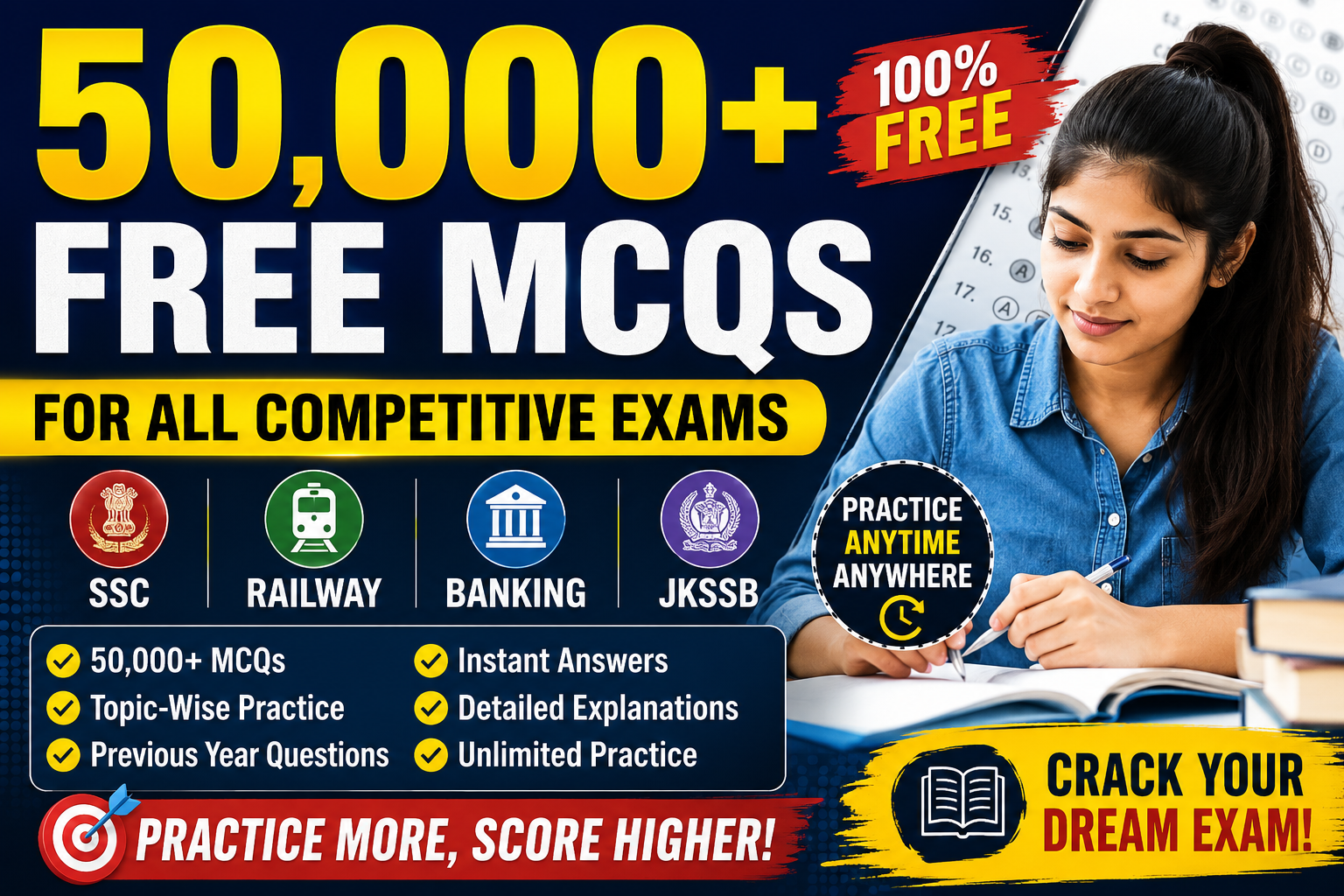 50,000+ Free MCQs for SSC, Railway, Banking & JKSSB Exams – Topic-Wise Practice Questions to Crack Every Competitive Exam