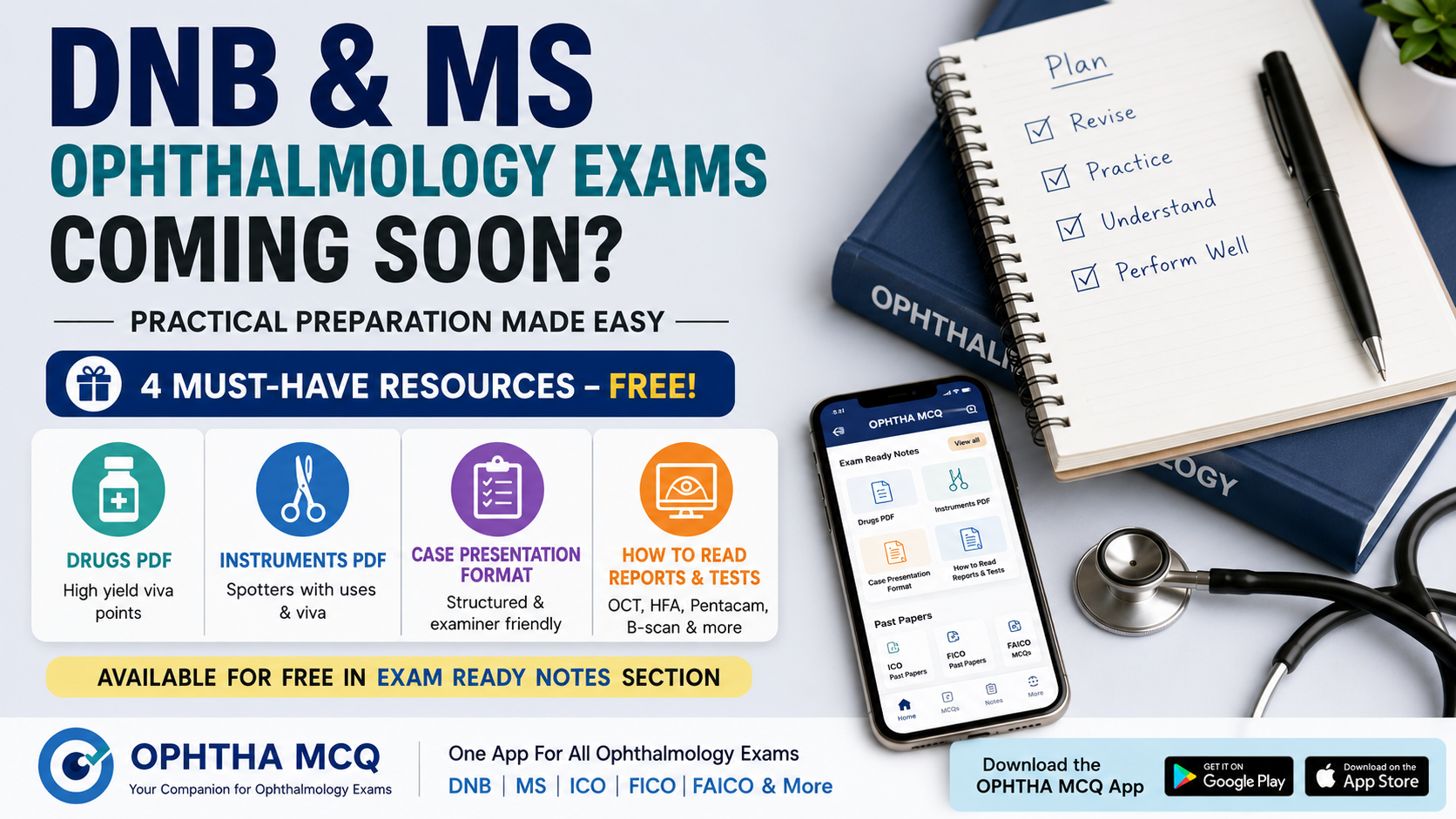 DNB & MS Ophthalmology Exams Coming Soon?  Free Ophthalmology Drugs PDF, Instruments PDF, Case Presentation Format & Report Interpretation Notes for Practical Exam Preparation