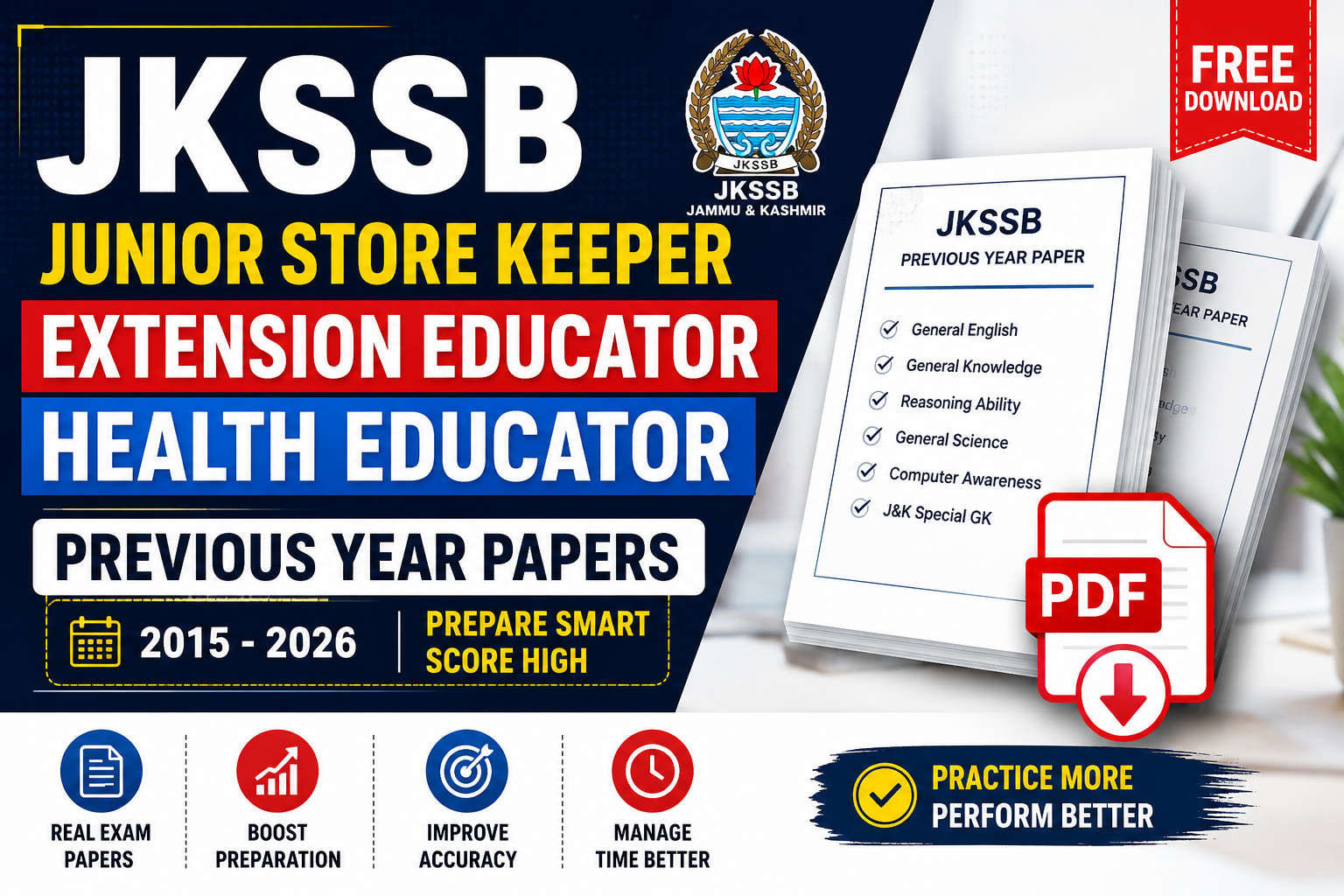 JKSSB Junior Store Keeper / Extension Educator / Health Educator Previous Year Papers PDF  | Free Download 