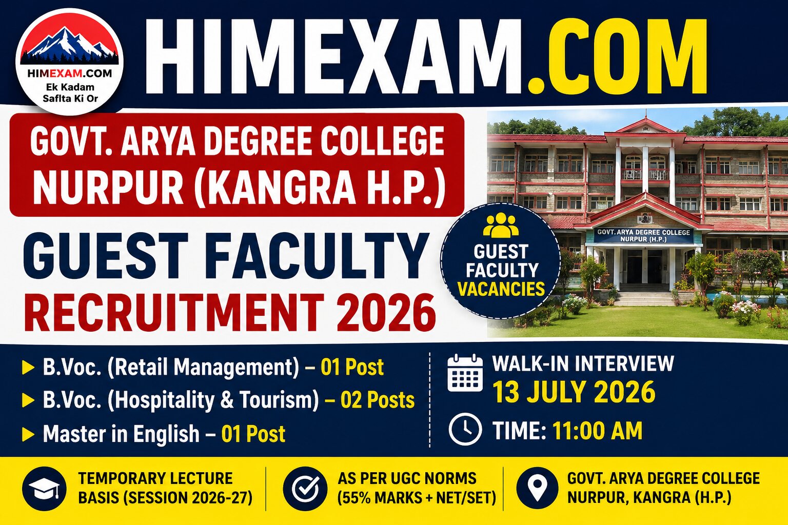 Govt. Arya Degree College Nurpur Guest Faculty Recruitment 2026 – Walk-in Interview for B.Voc & English Posts