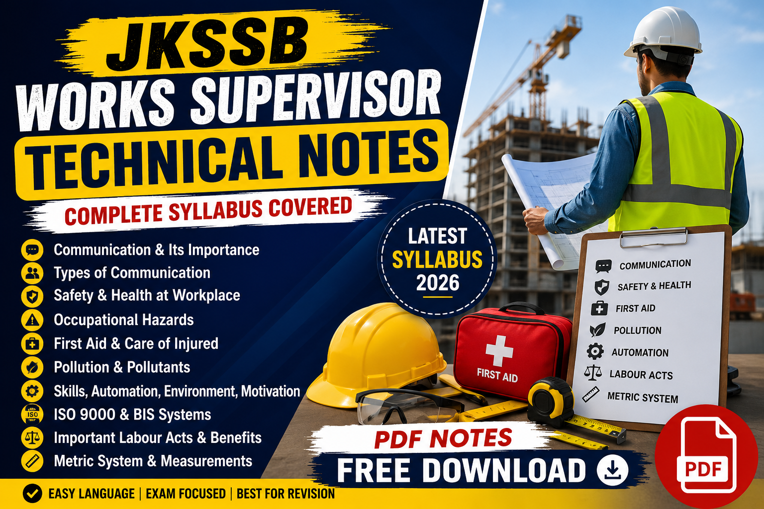 JKSSB Works Supervisor Technical Notes PDF Free Download | Communication, Safety, First Aid, ISO, Metric System