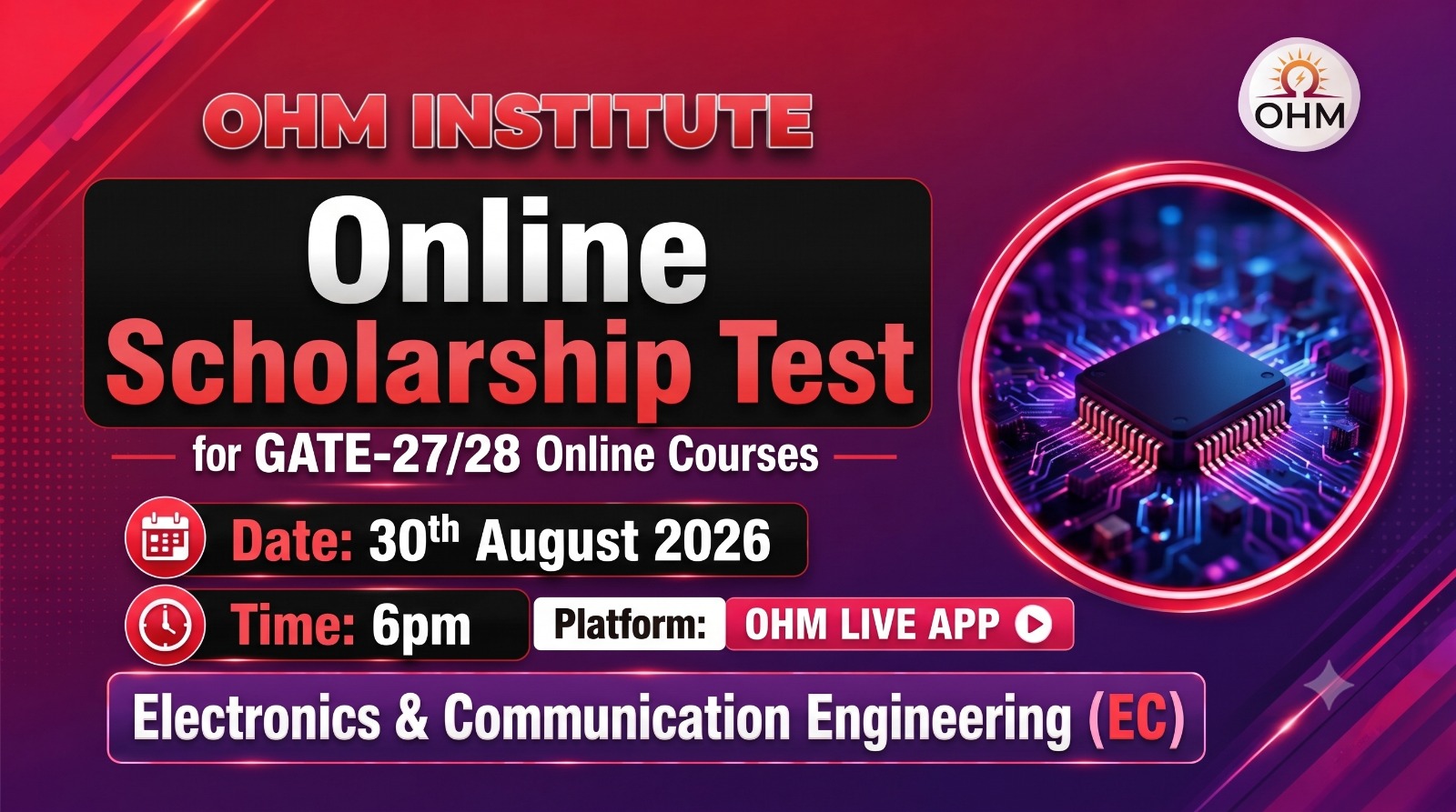 OHM Scholarship Test for GATE-27/28 Online Courses (ECE)(August 30)