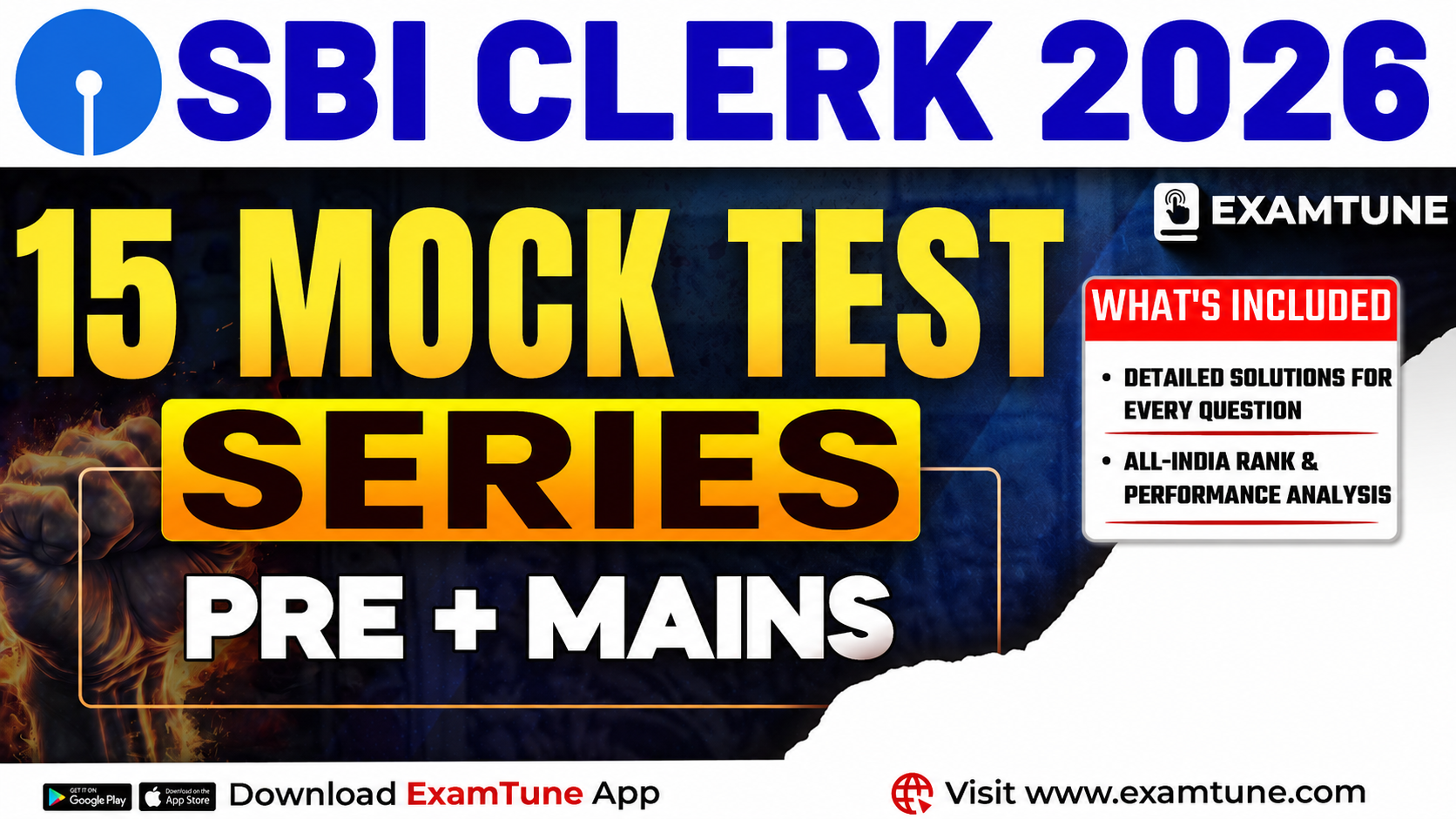 SBI Clerk 2026 Mock Test Series | 15 Pre + Mains Mock Tests with All India Rank